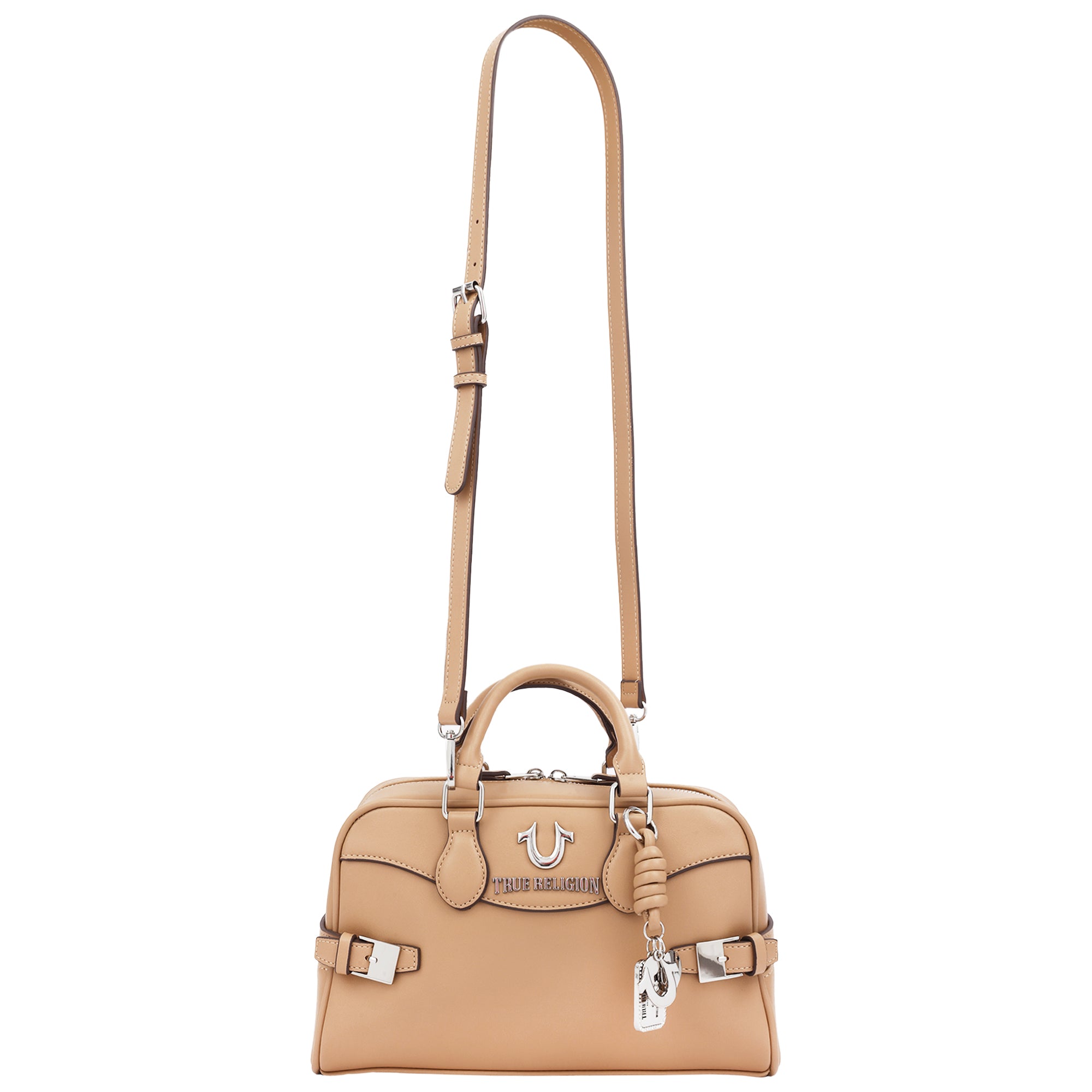 True Religion Brooks Smooth PU Belted Satchel – Women’s Top Handle Satchel with Detachable Crossbody Strap (Tan)