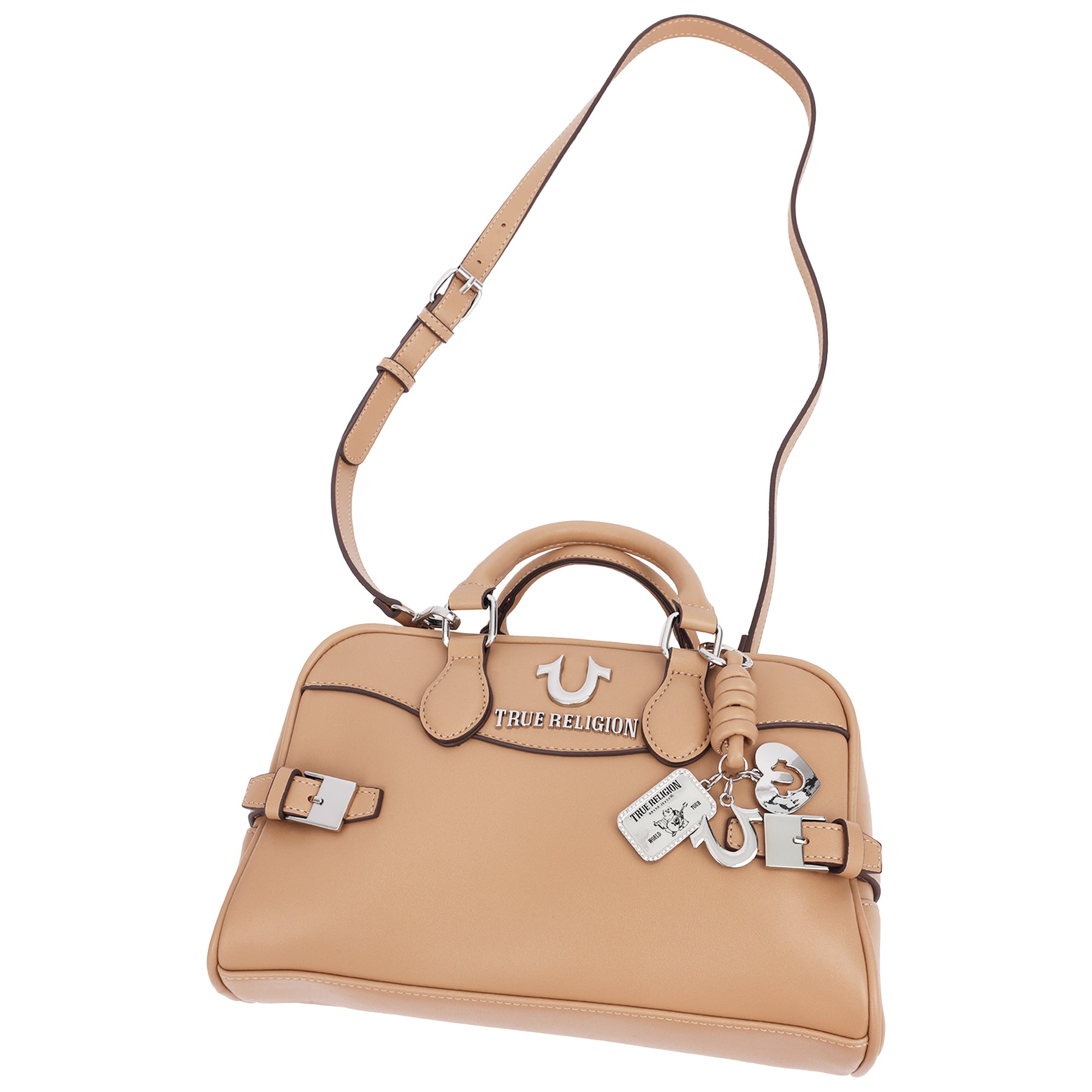 True Religion Brooks Smooth PU Belted Satchel – Women’s Top Handle Satchel with Detachable Crossbody Strap (Tan)