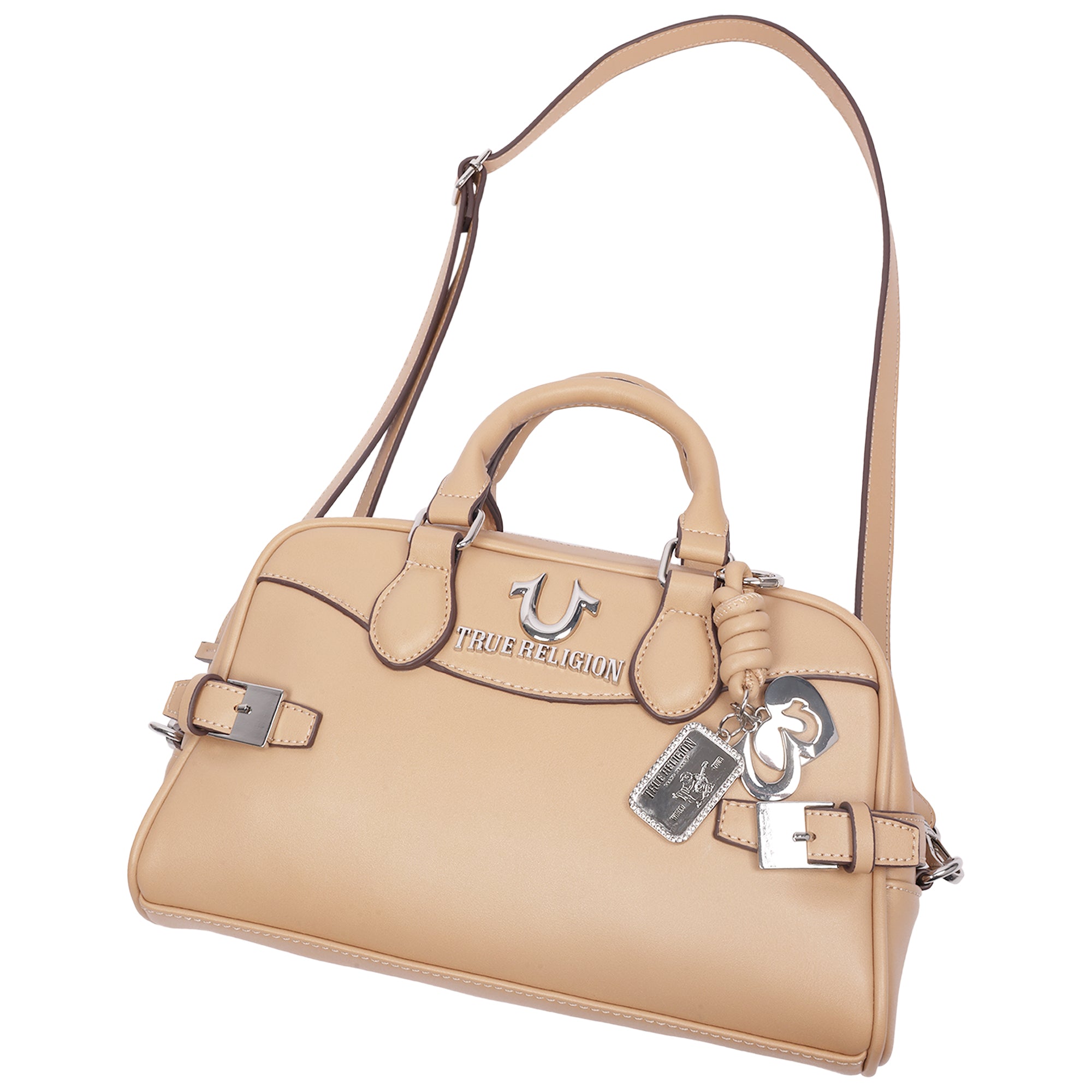 True Religion Brooks Smooth PU Belted Satchel – Women’s Top Handle Satchel with Detachable Crossbody Strap (Tan)