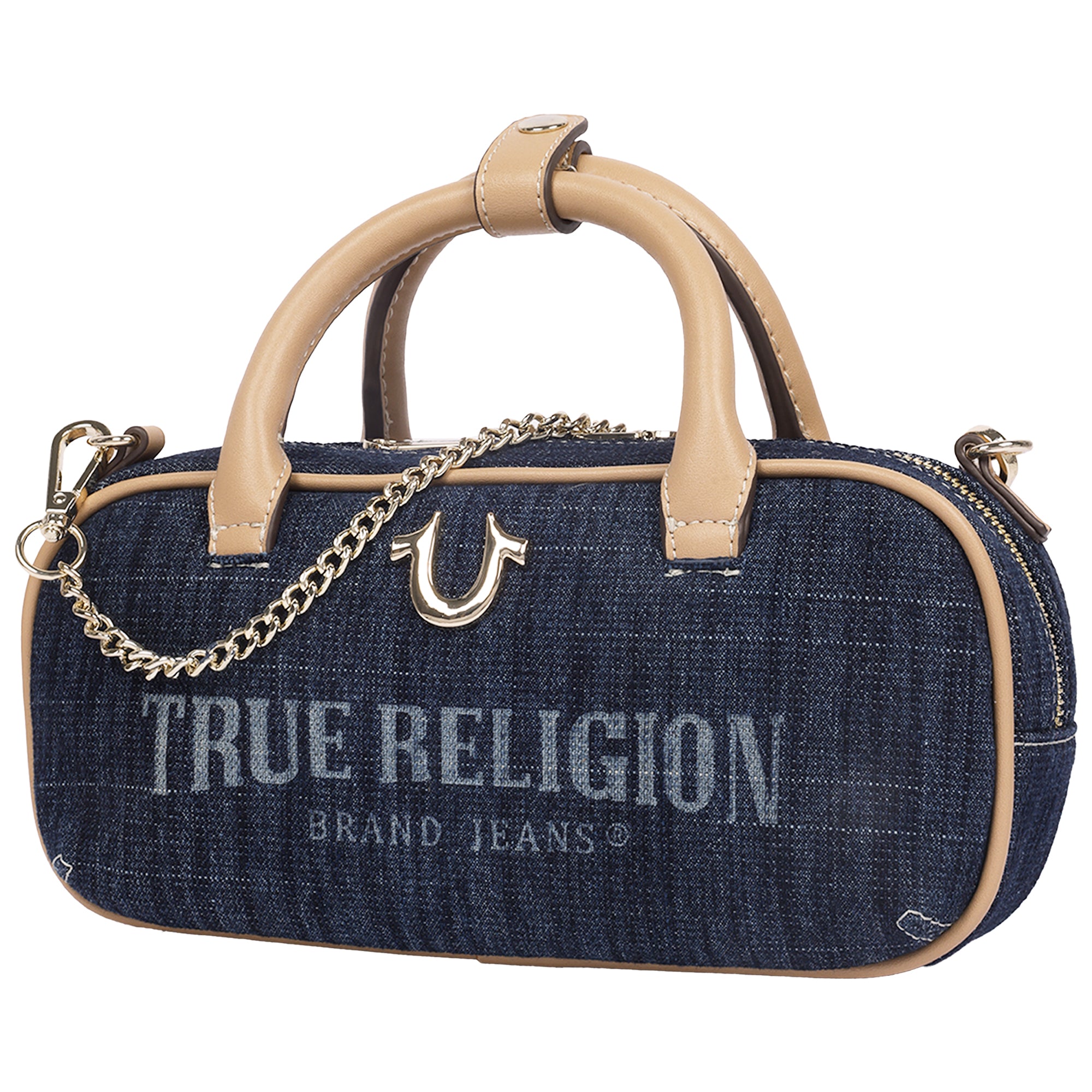True Religion Bentley Denim & PU Mini Satchel – Women’s Top Handle Crossbody Handbag with Chain Detail (Dark Denim)