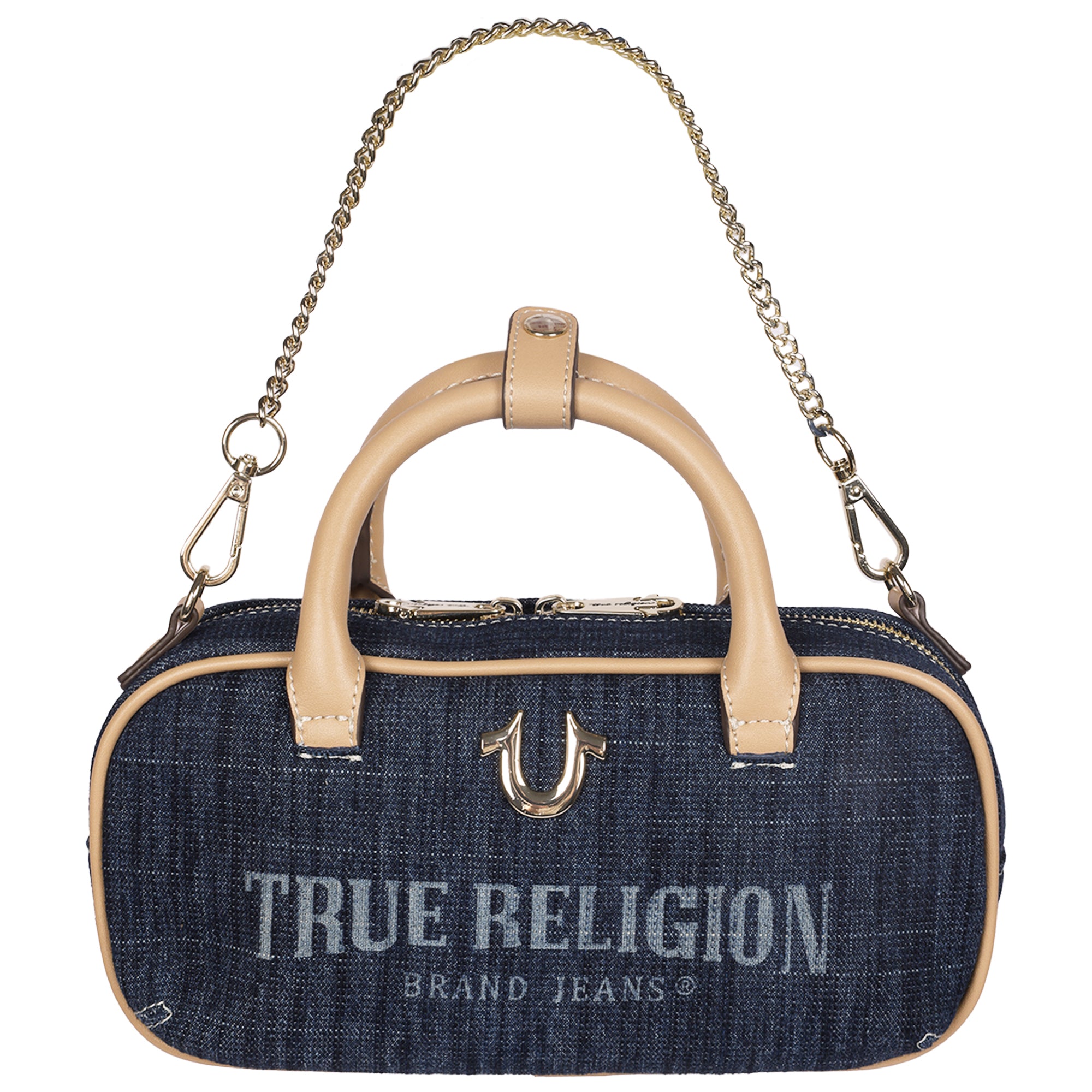 True Religion Bentley Denim & PU Mini Satchel – Women’s Top Handle Crossbody Handbag with Chain Detail (Dark Denim)