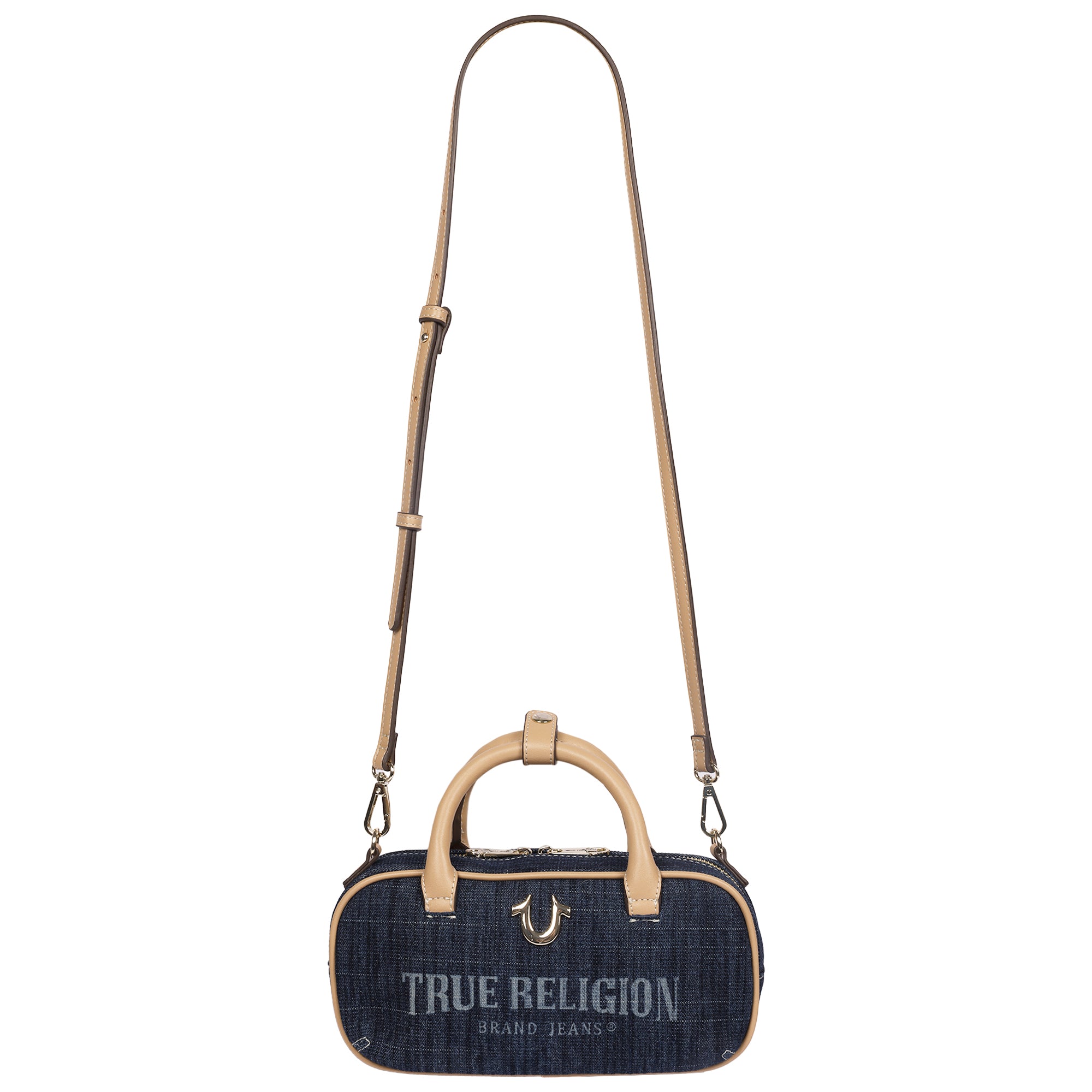 True Religion Bentley Denim & PU Mini Satchel – Women’s Top Handle Crossbody Handbag with Chain Detail (Dark Denim)