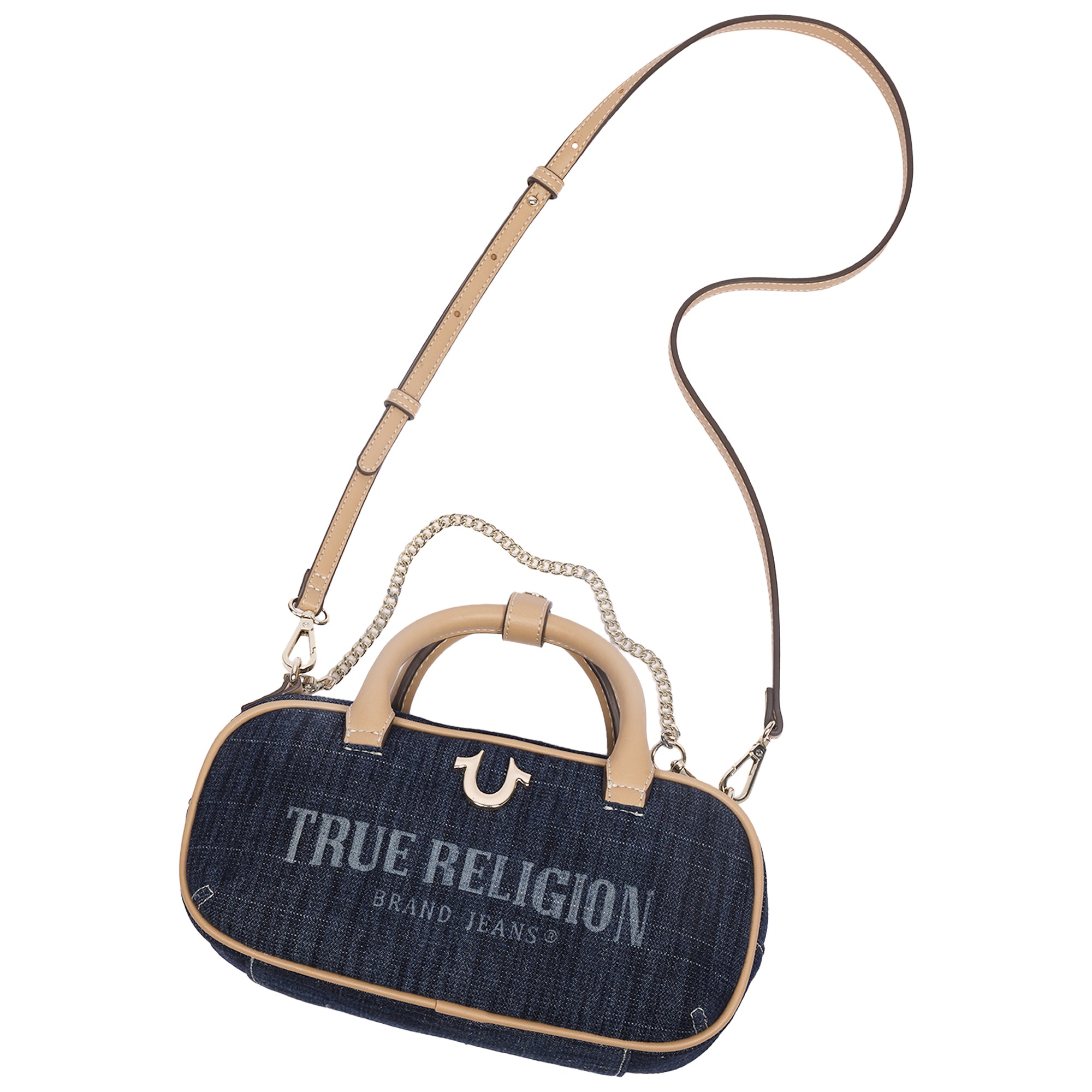 True Religion Bentley Denim & PU Mini Satchel – Women’s Top Handle Crossbody Handbag with Chain Detail (Dark Denim)