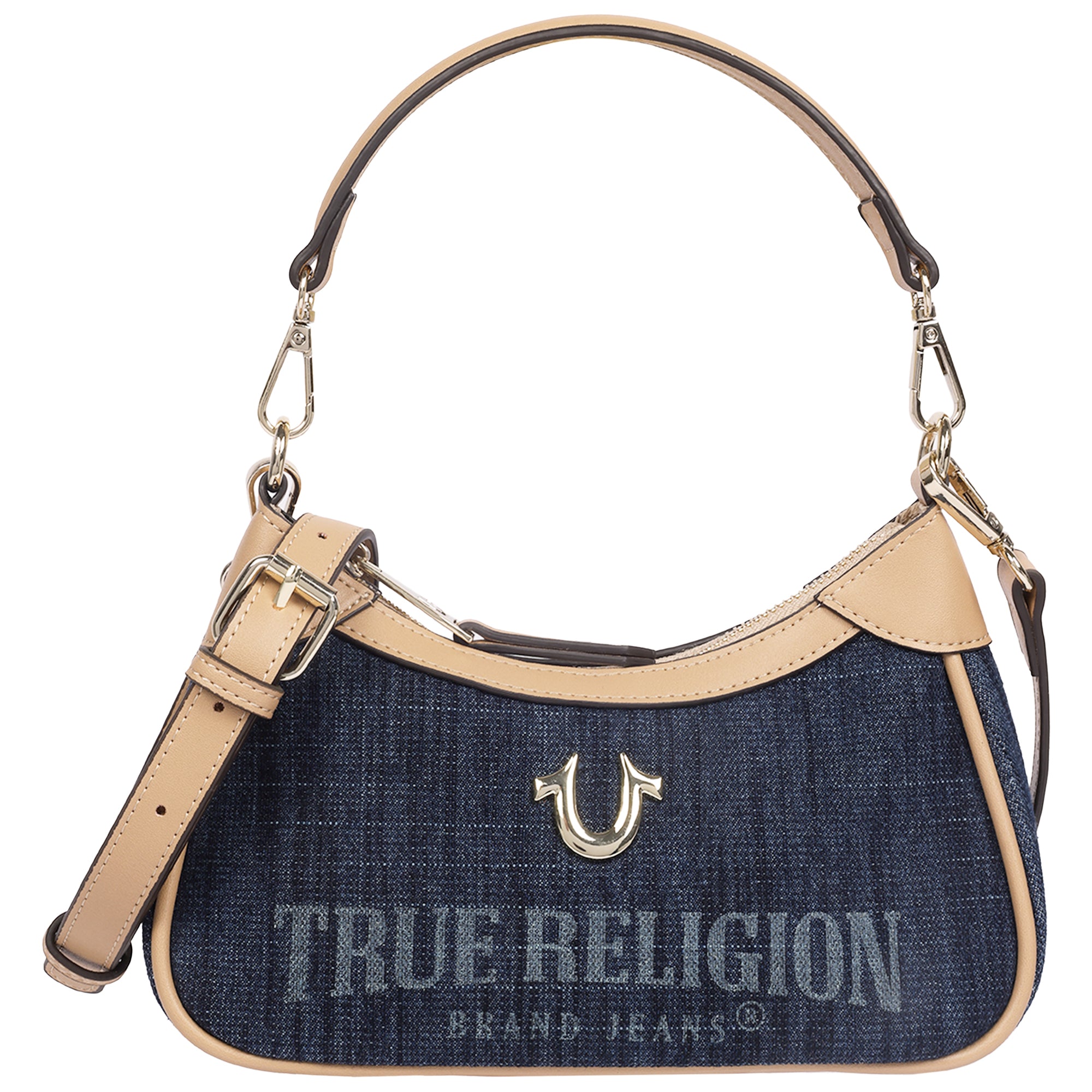 True Religion Blair Denim & PU Shoulder Bag – Logo Denim Mini Shoulder Bag with Detachable Strap (Dark Denim)