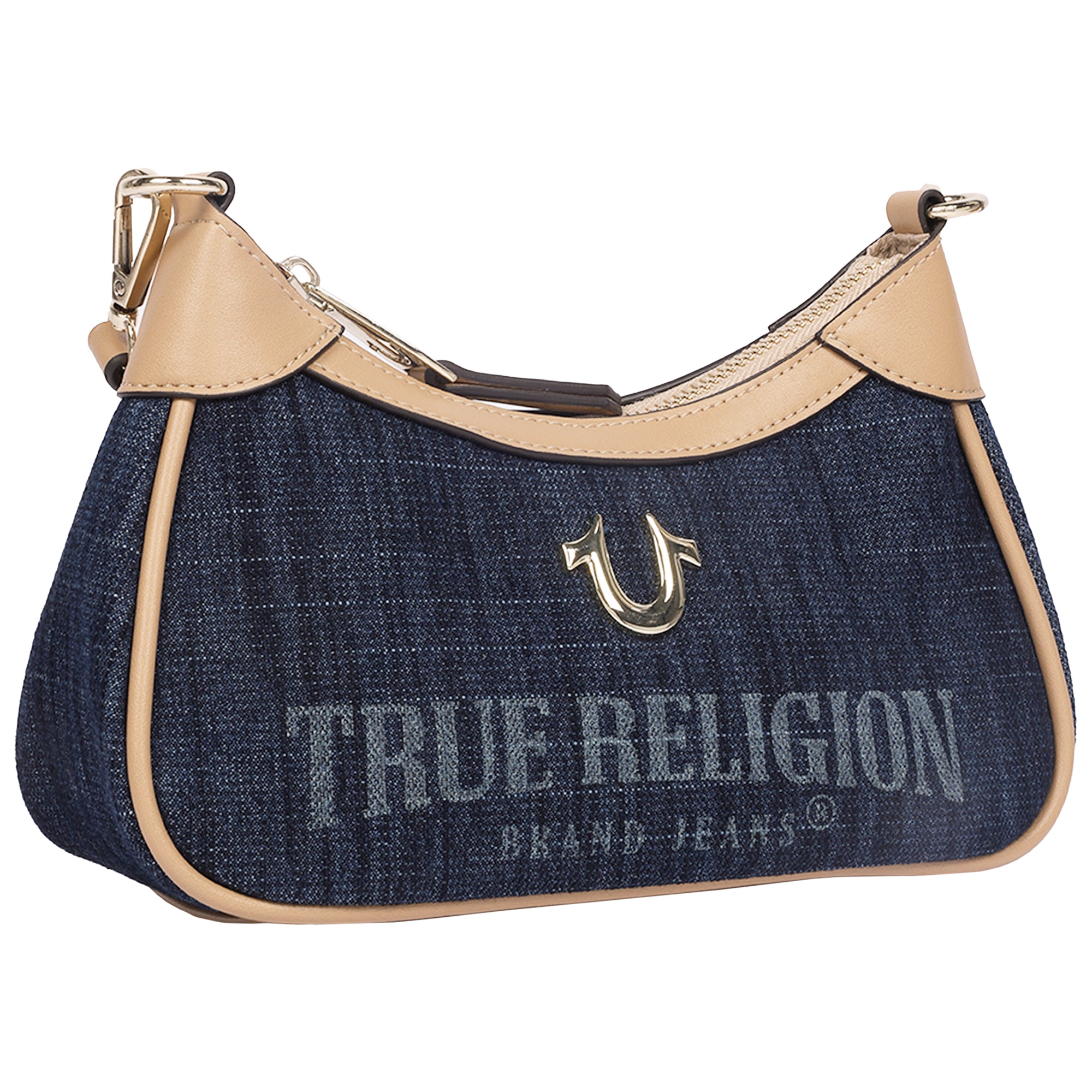 True Religion Blair Denim & PU Shoulder Bag – Logo Denim Mini Shoulder Bag with Detachable Strap (Dark Denim)