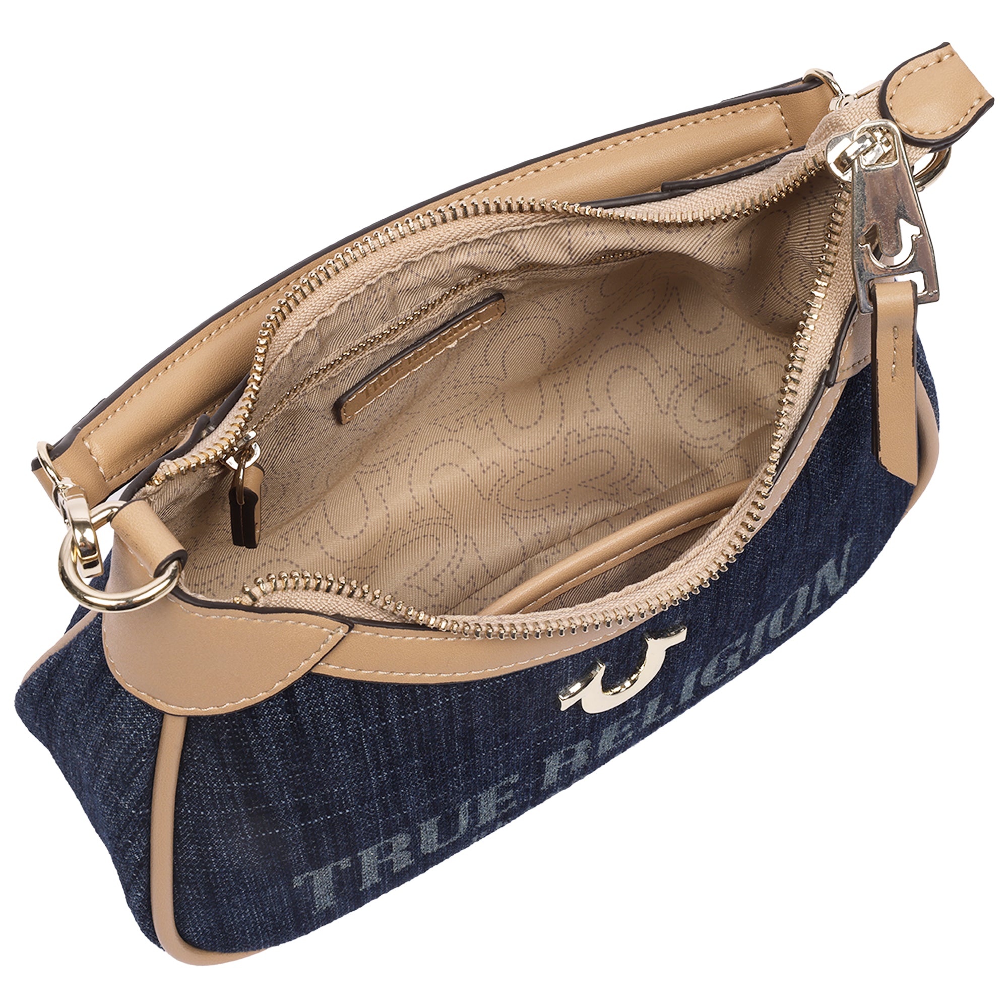 True Religion Blair Denim & PU Shoulder Bag – Logo Denim Mini Shoulder Bag with Detachable Strap (Dark Denim)