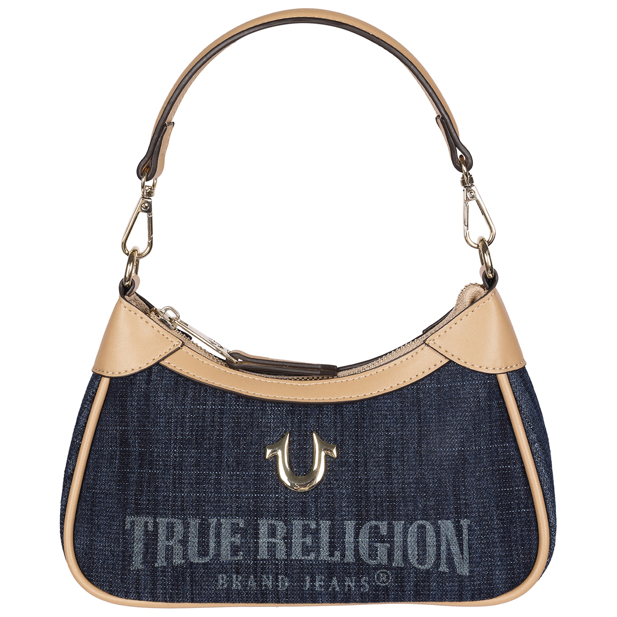 True Religion Blair Denim & PU Shoulder Bag – Logo Denim Mini Shoulder Bag with Detachable Strap (Dark Denim)