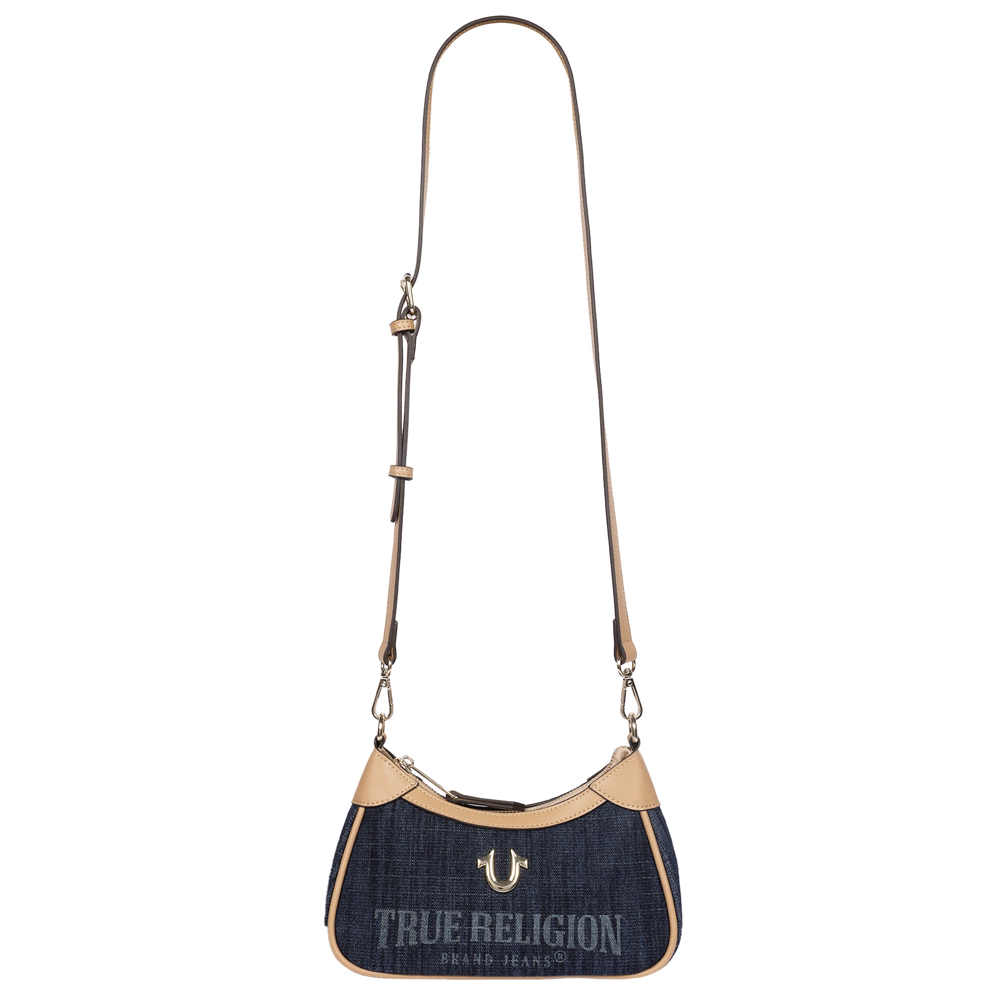True Religion Blair Denim & PU Shoulder Bag – Logo Denim Mini Shoulder Bag with Detachable Strap (Dark Denim)