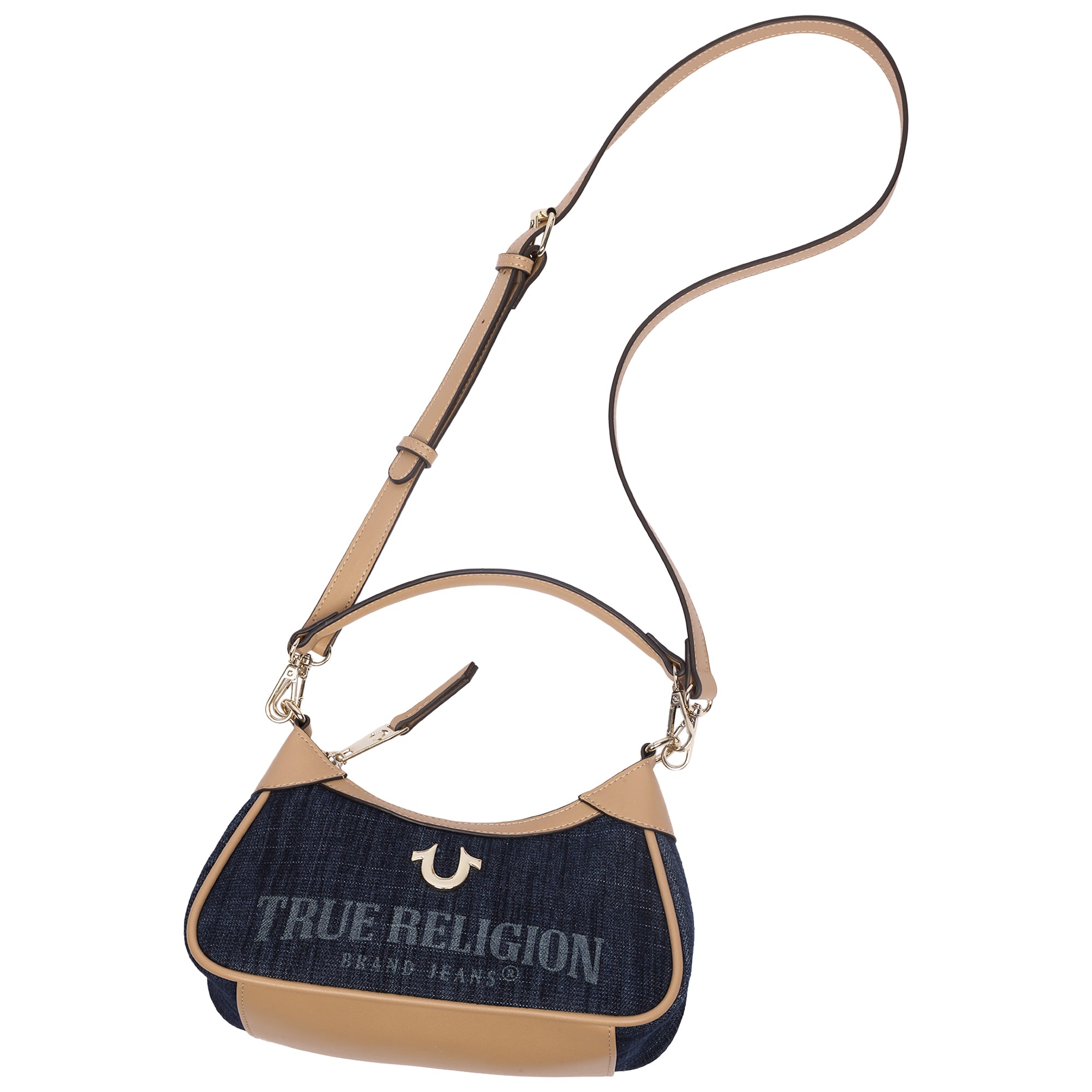 True Religion Blair Denim & PU Shoulder Bag – Logo Denim Mini Shoulder Bag with Detachable Strap (Dark Denim)