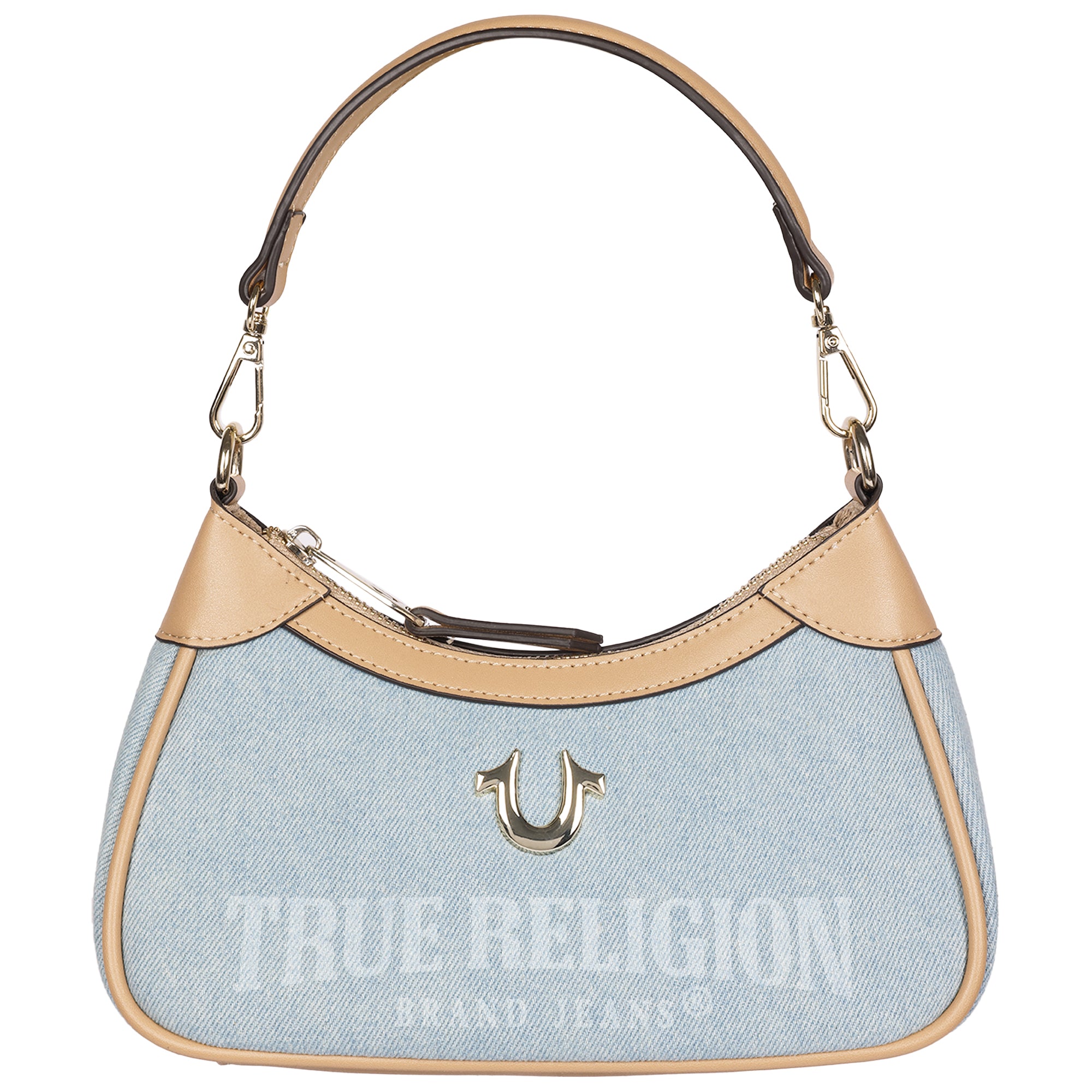 True Religion Blair Denim & PU Shoulder Bag – Logo Denim Mini Shoulder Bag with Detachable Strap (Denim)