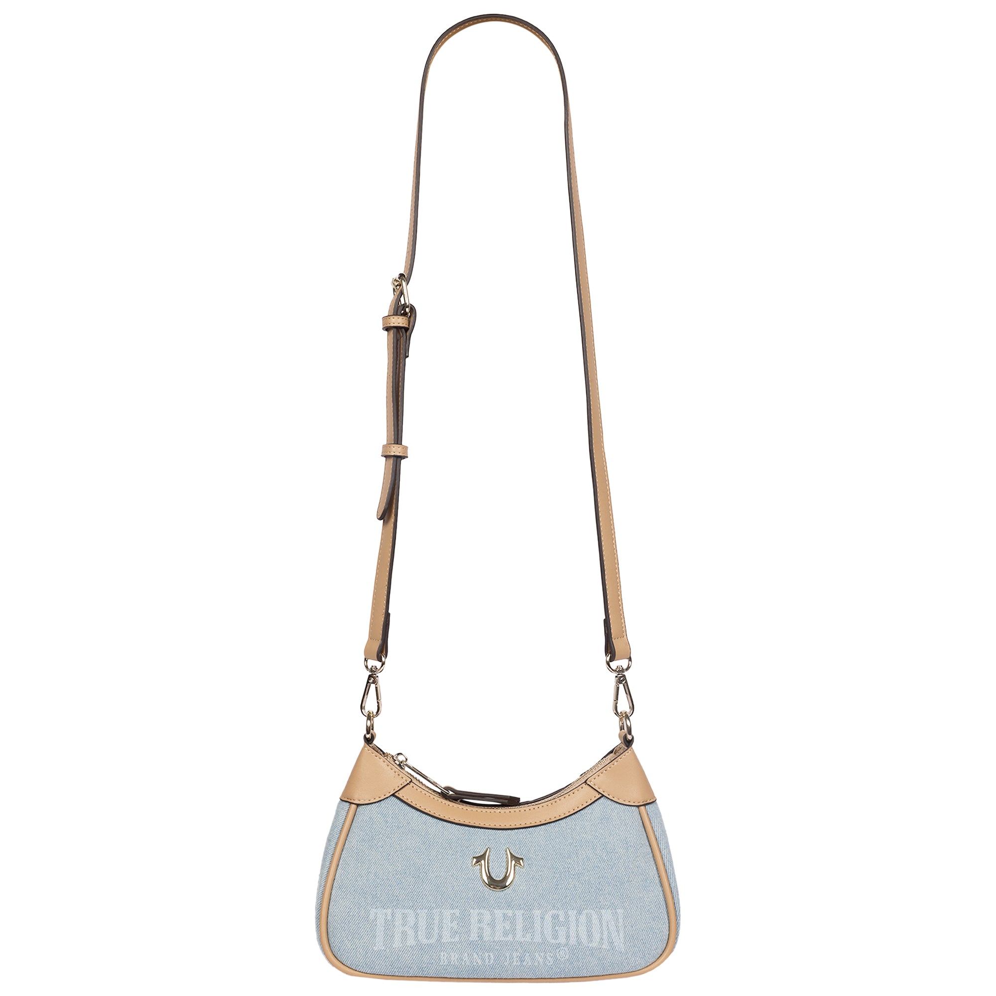True Religion Blair Denim & PU Shoulder Bag – Logo Denim Mini Shoulder Bag with Detachable Strap (Denim)