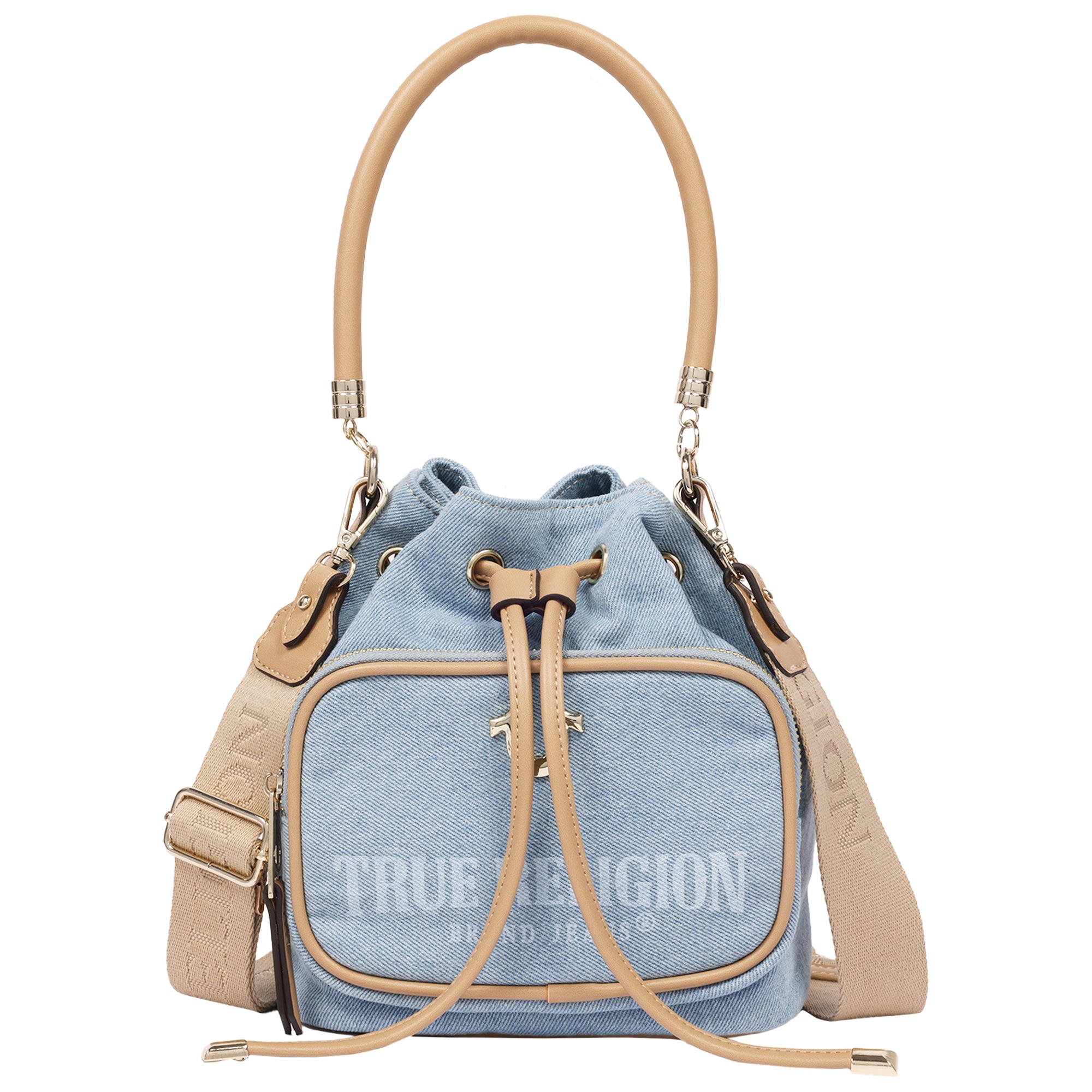 True Religion Bryce Denim & PU Bucket Bag – Women’s Designer Drawstring Bucket Handbag with Crossbody Strap (Denim)