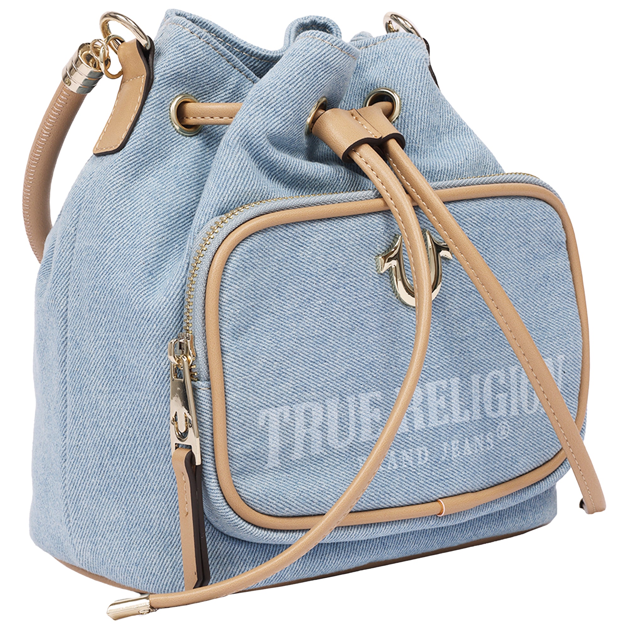 True Religion Bryce Denim & PU Bucket Bag – Women’s Designer Drawstring Bucket Handbag with Crossbody Strap (Denim)