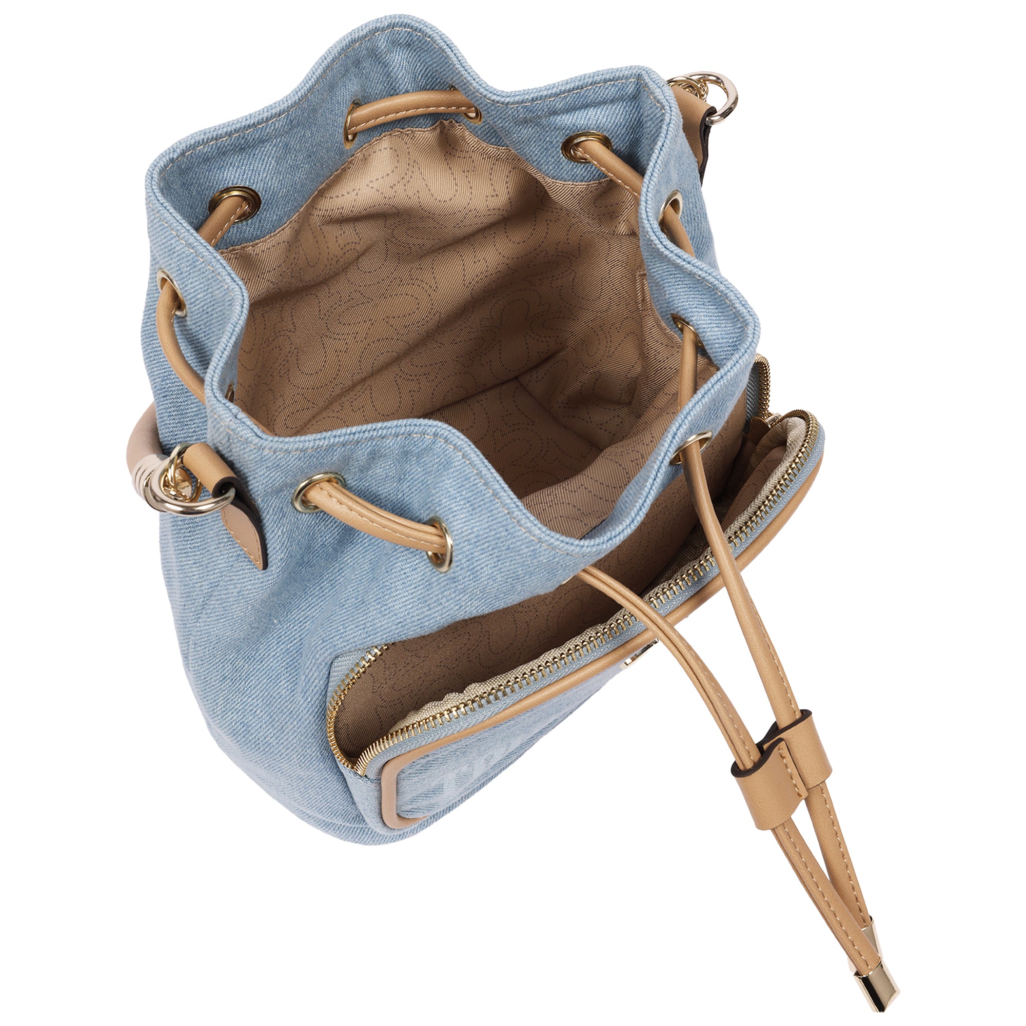 True Religion Bryce Denim & PU Bucket Bag – Women’s Designer Drawstring Bucket Handbag with Crossbody Strap (Denim)