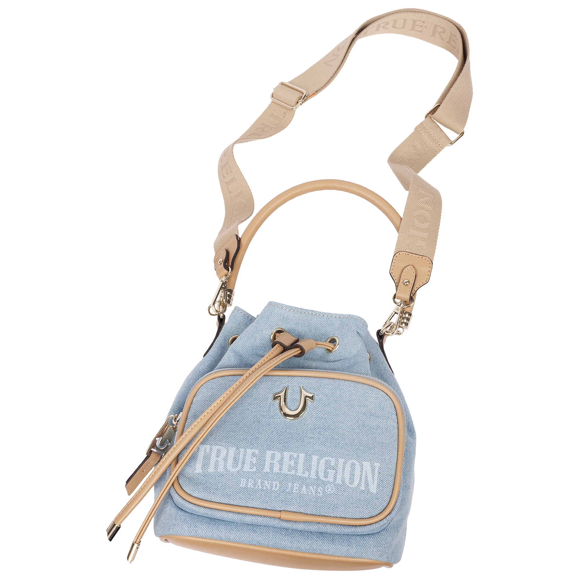 True Religion Bryce Denim & PU Bucket Bag – Women’s Designer Drawstring Bucket Handbag with Crossbody Strap (Denim)