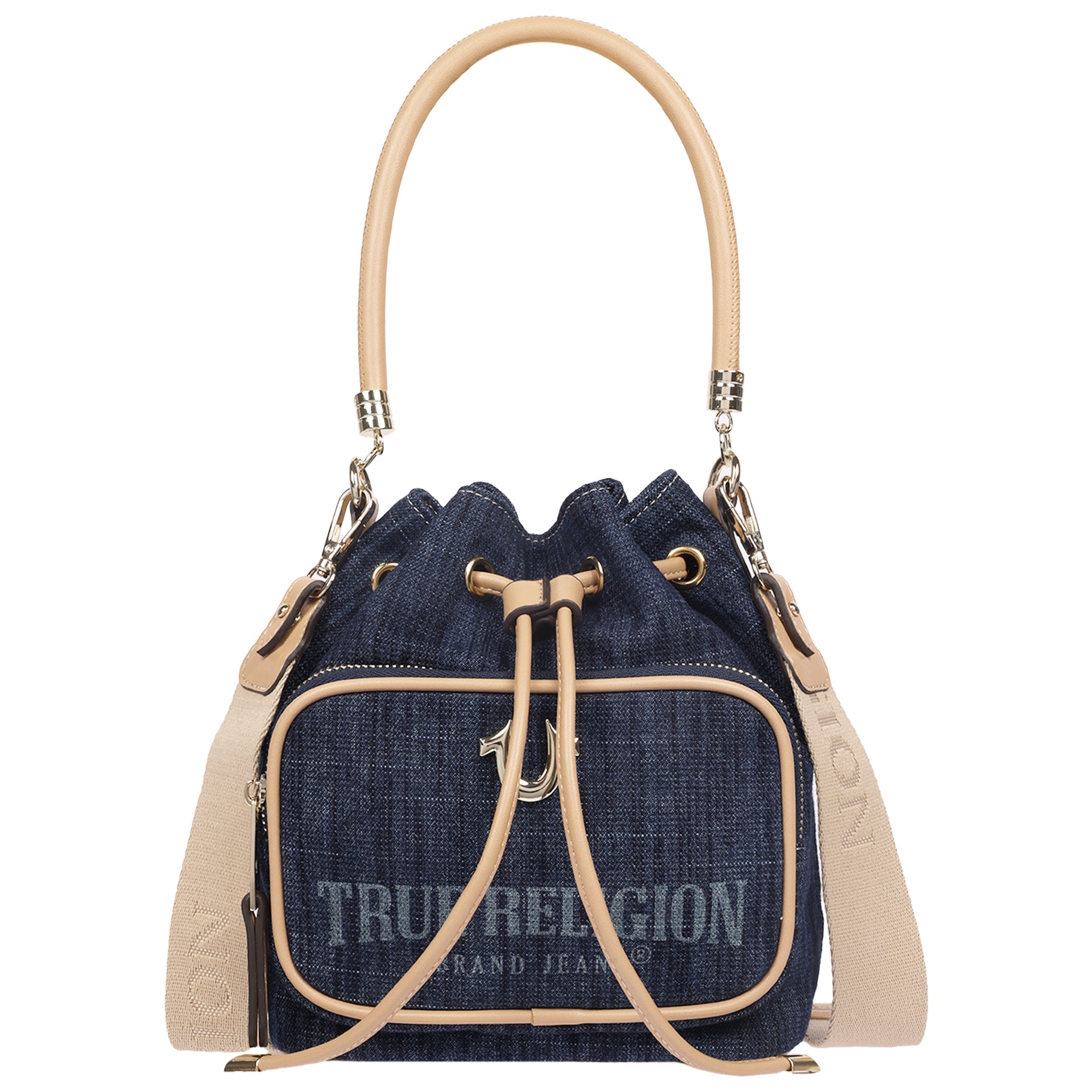 True Religion Bryce Denim & PU Bucket Bag – Women’s Designer Drawstring Bucket Handbag with Crossbody Strap (Dark Denim)