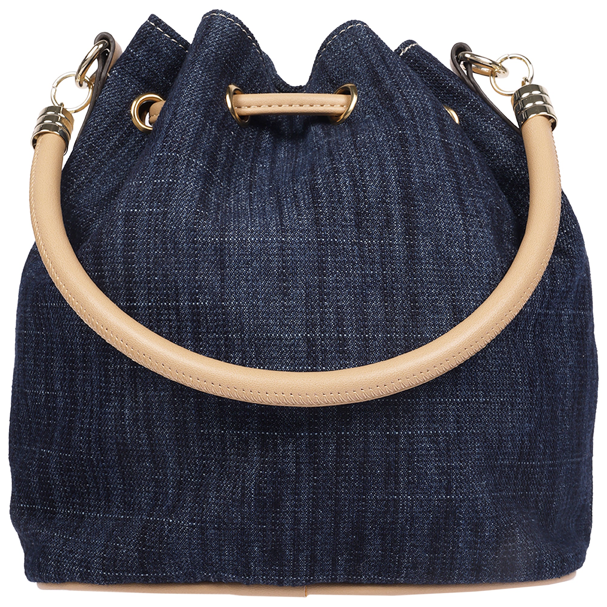 True Religion Bryce Denim & PU Bucket Bag – Women’s Designer Drawstring Bucket Handbag with Crossbody Strap (Dark Denim)