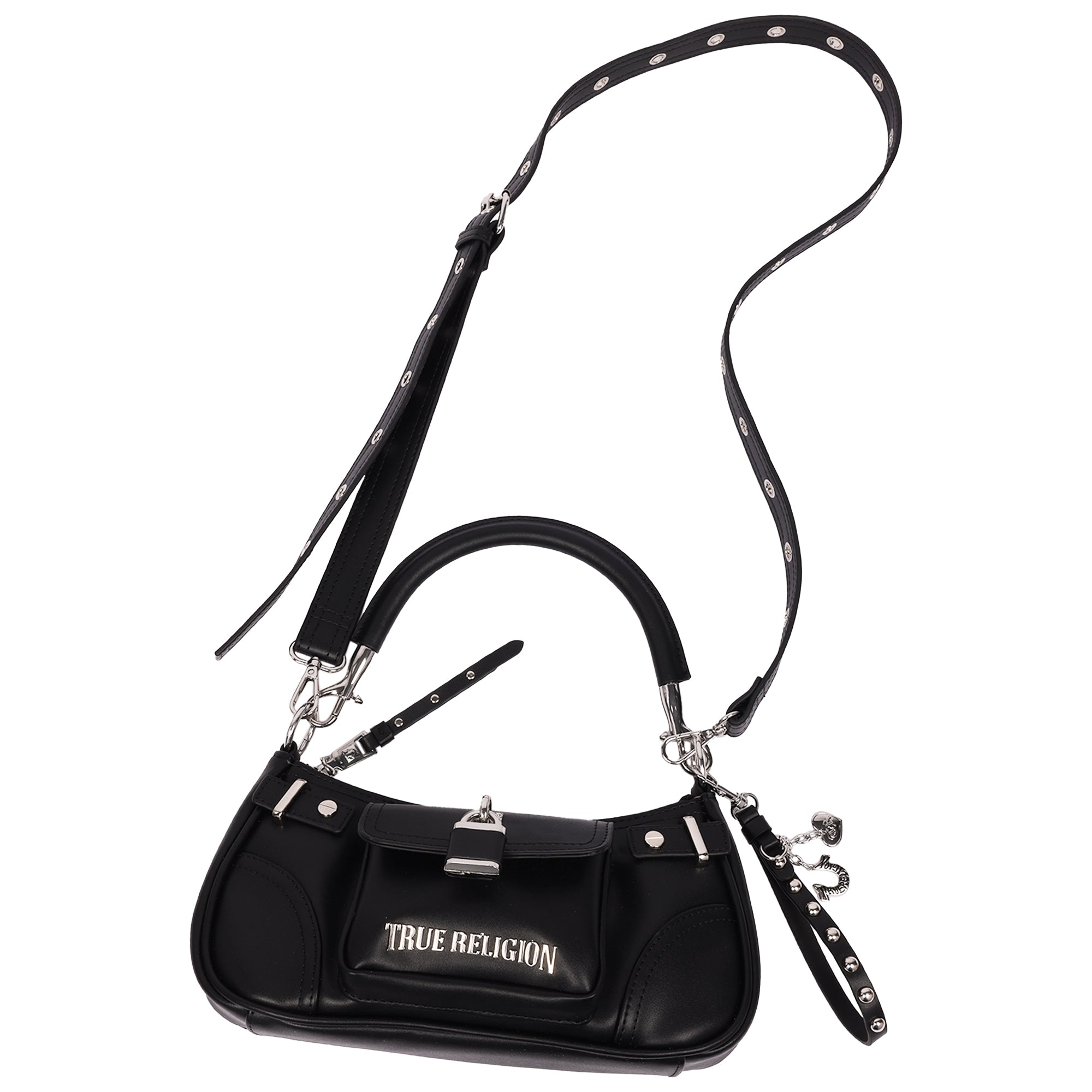 True Religion Moto Shoulder Bag with Lock Pocket Charm – Convertible Shoulder & Crossbody Purse