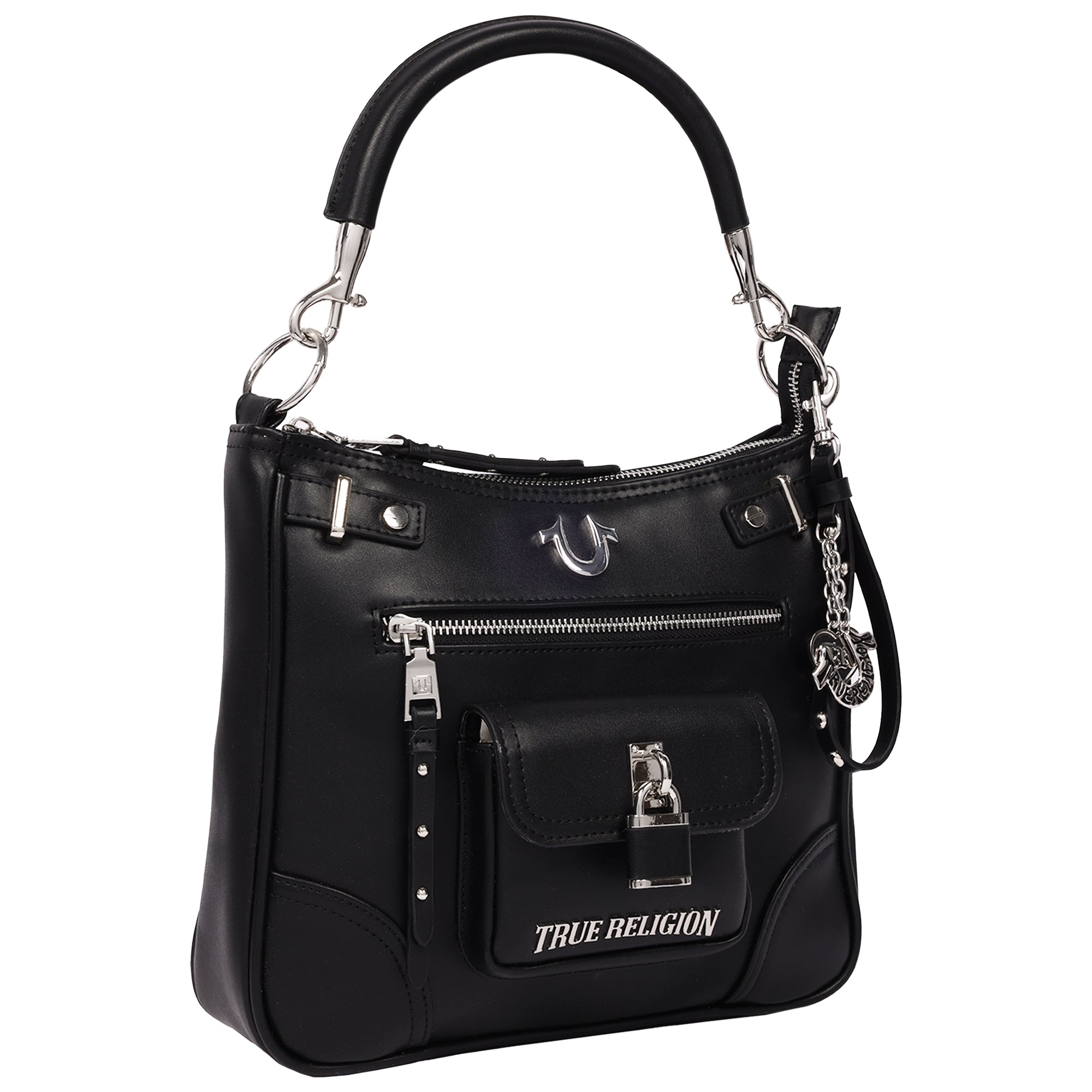 True Religion Moto Zip Top Hobo Bag with Lock Pocket Charm – Convertible Shoulder & Crossbody Purse