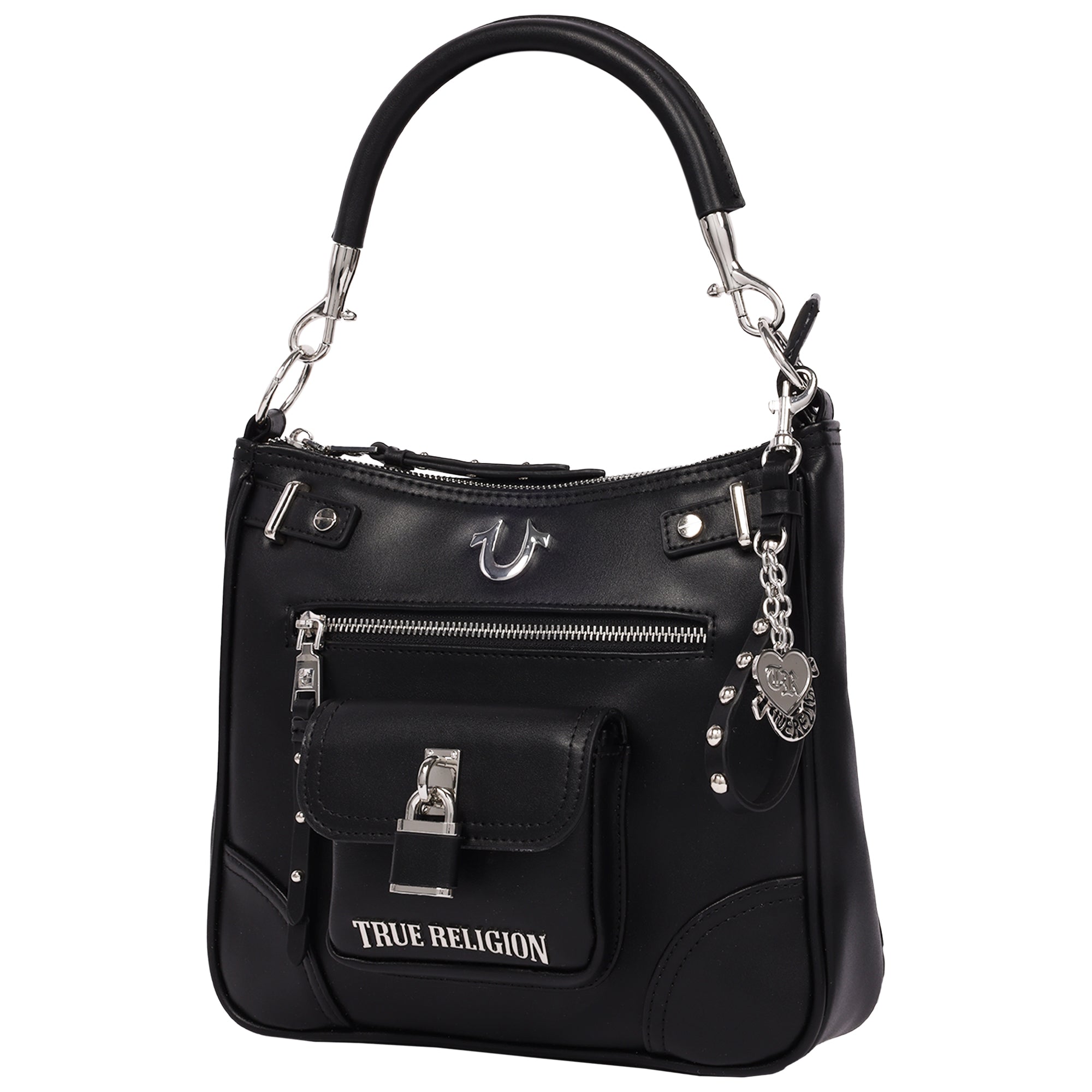True Religion Moto Zip Top Hobo Bag with Lock Pocket Charm – Convertible Shoulder & Crossbody Purse