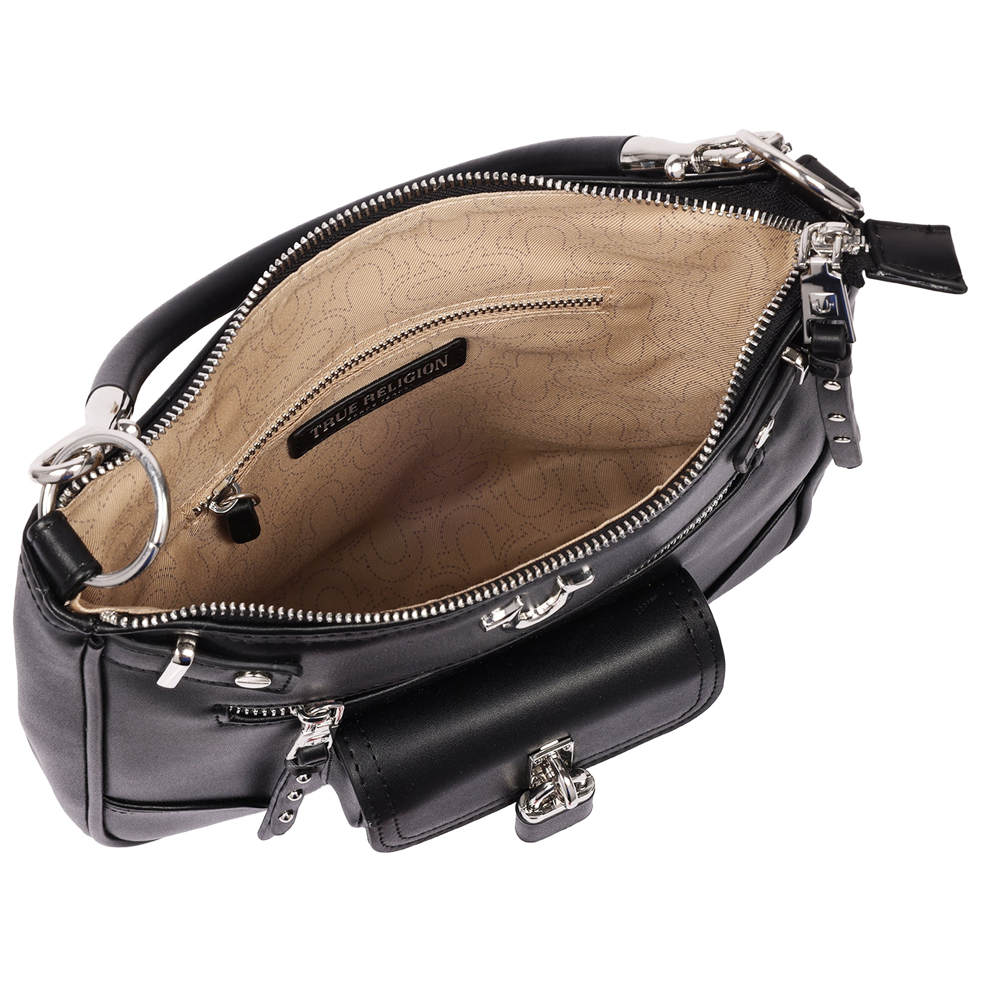 True Religion Moto Zip Top Hobo Bag with Lock Pocket Charm – Convertible Shoulder & Crossbody Purse