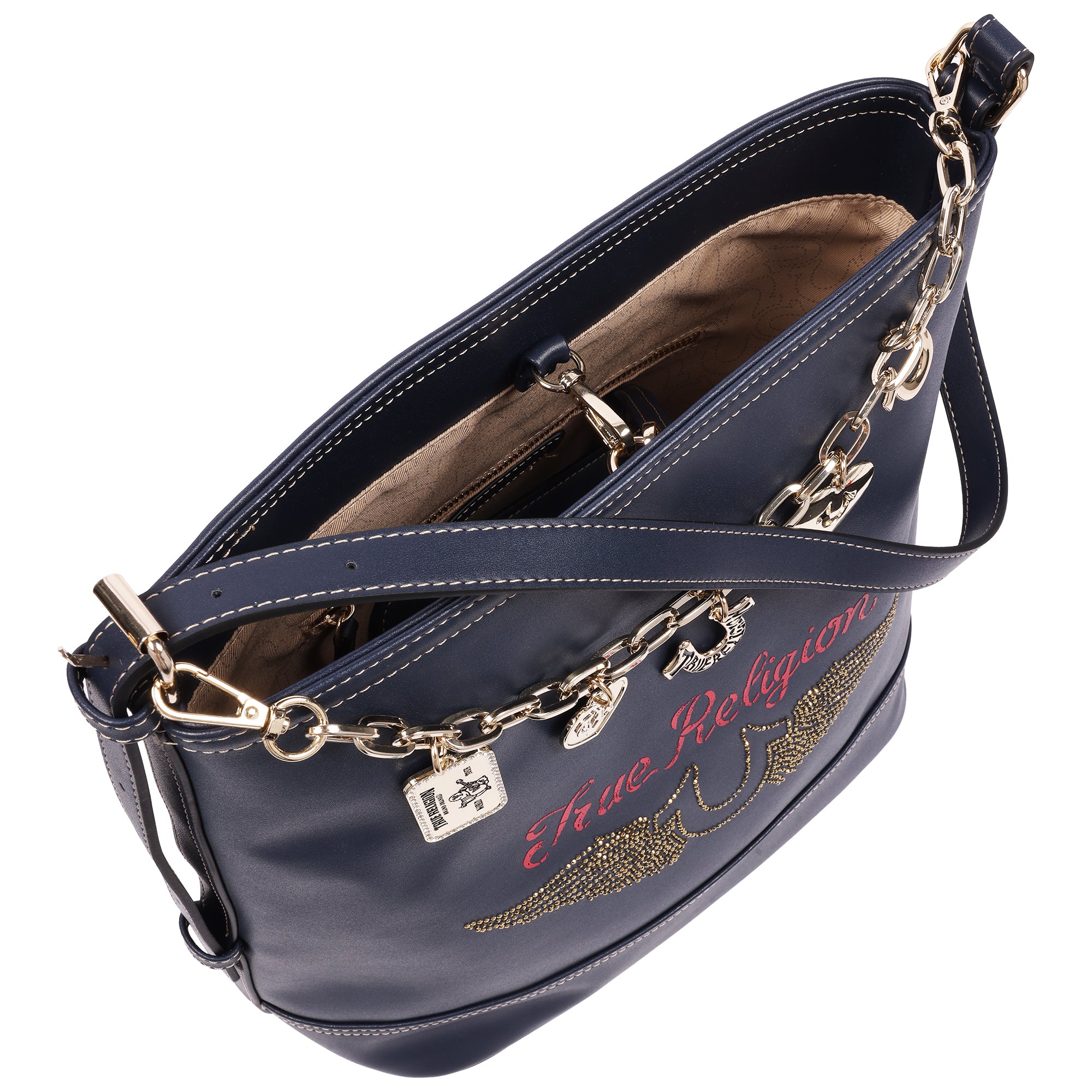 True Religion Chain Moto PU Bucket Bag with Charm Chain and Removable Zip Pouch