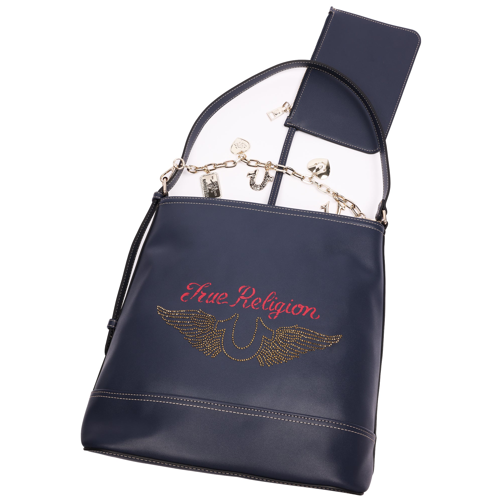 True Religion Chain Moto PU Bucket Bag with Charm Chain and Removable Zip Pouch