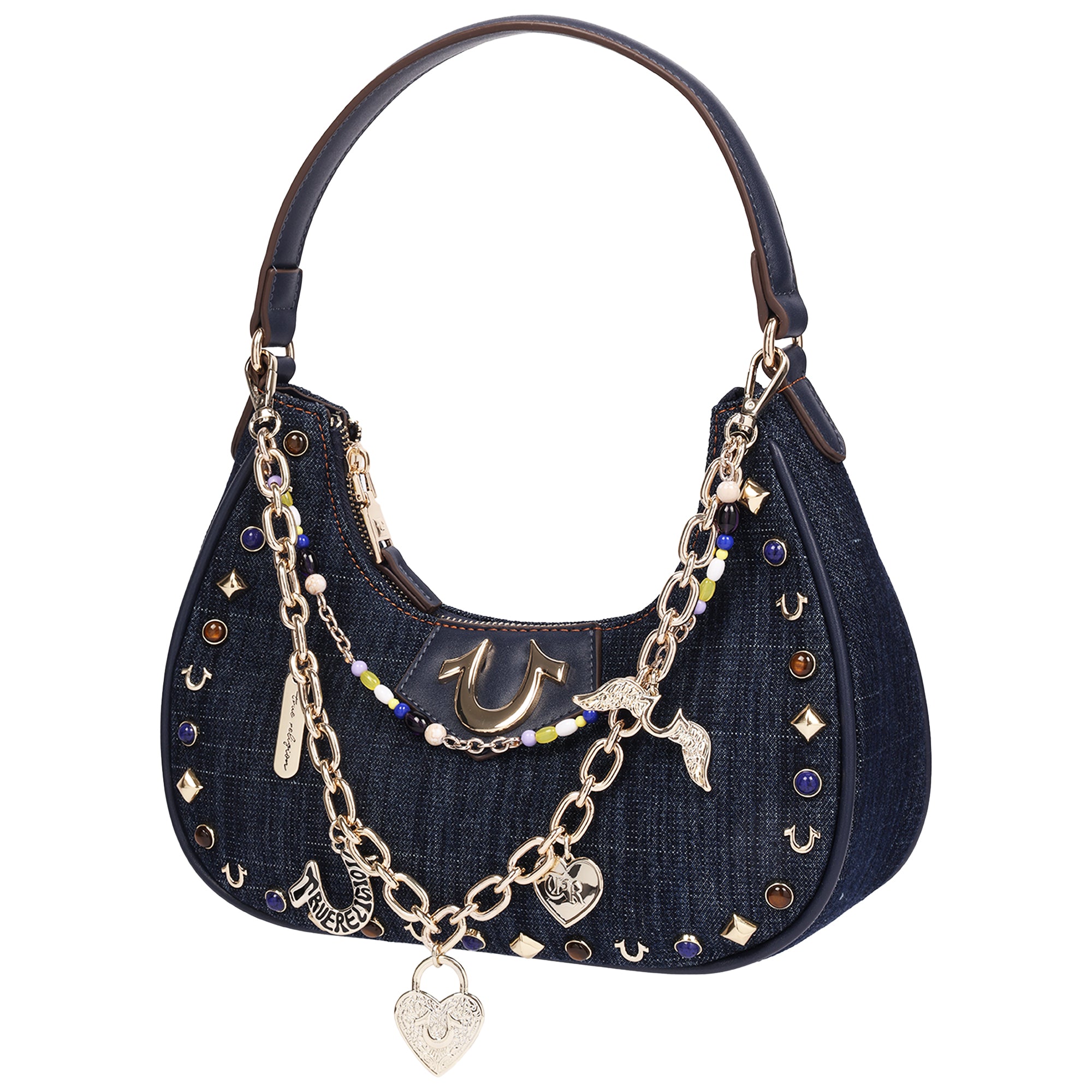 True Religion Studded Denim Shoulder Bag with Removable Charm Chain