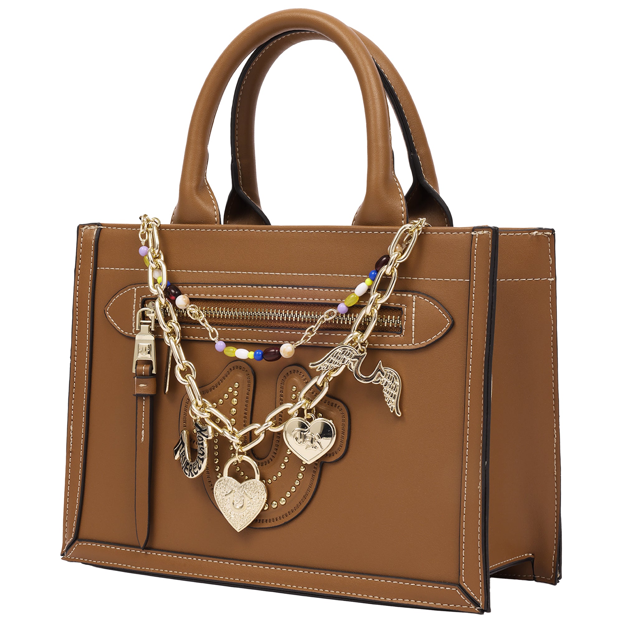 True Religion Vintage Chain Modern Tote Bag with Horseshoe Appliqué & Charms