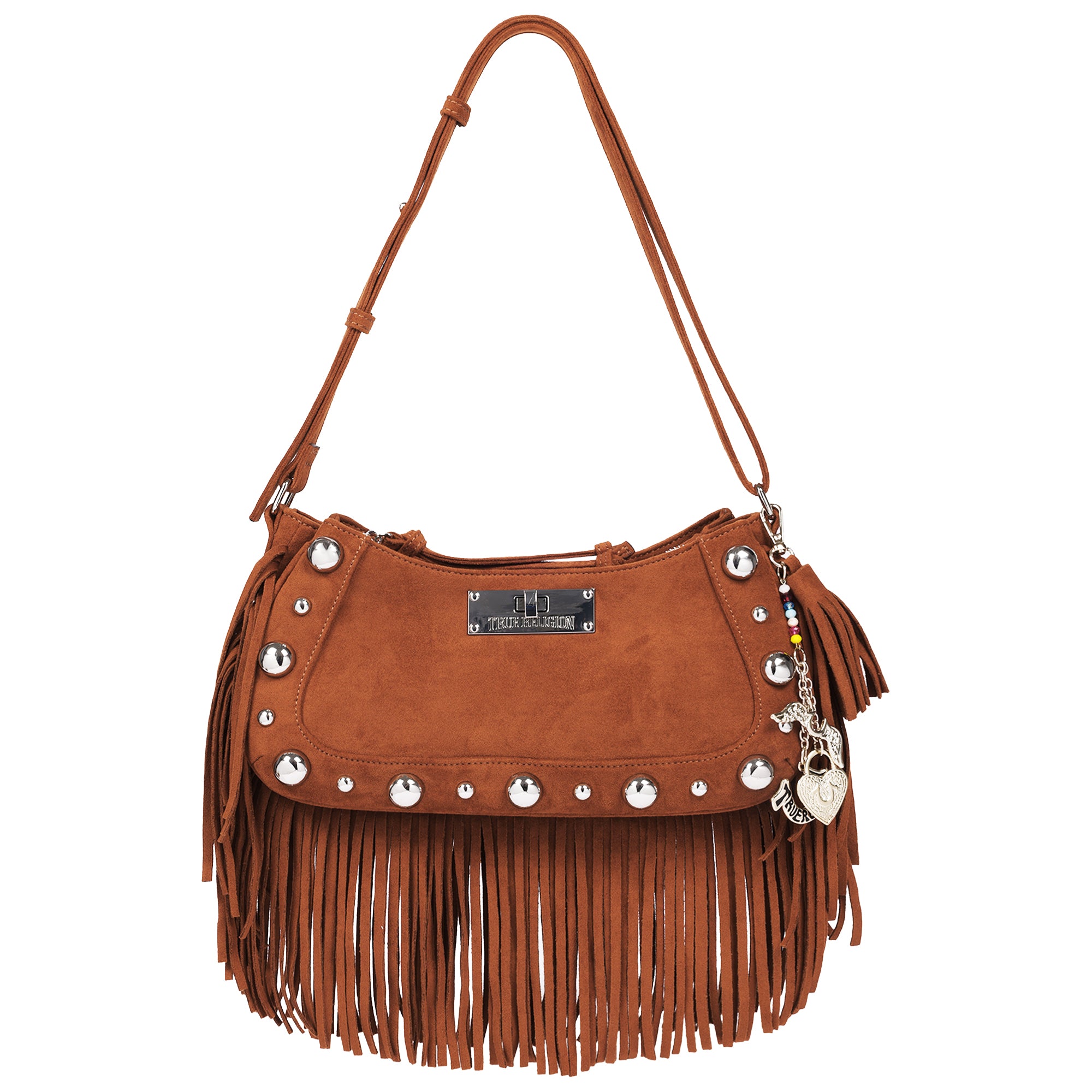 True Religion Vintage Dangle Fringe Hobo Bag with Studded Trim and Charm Accents