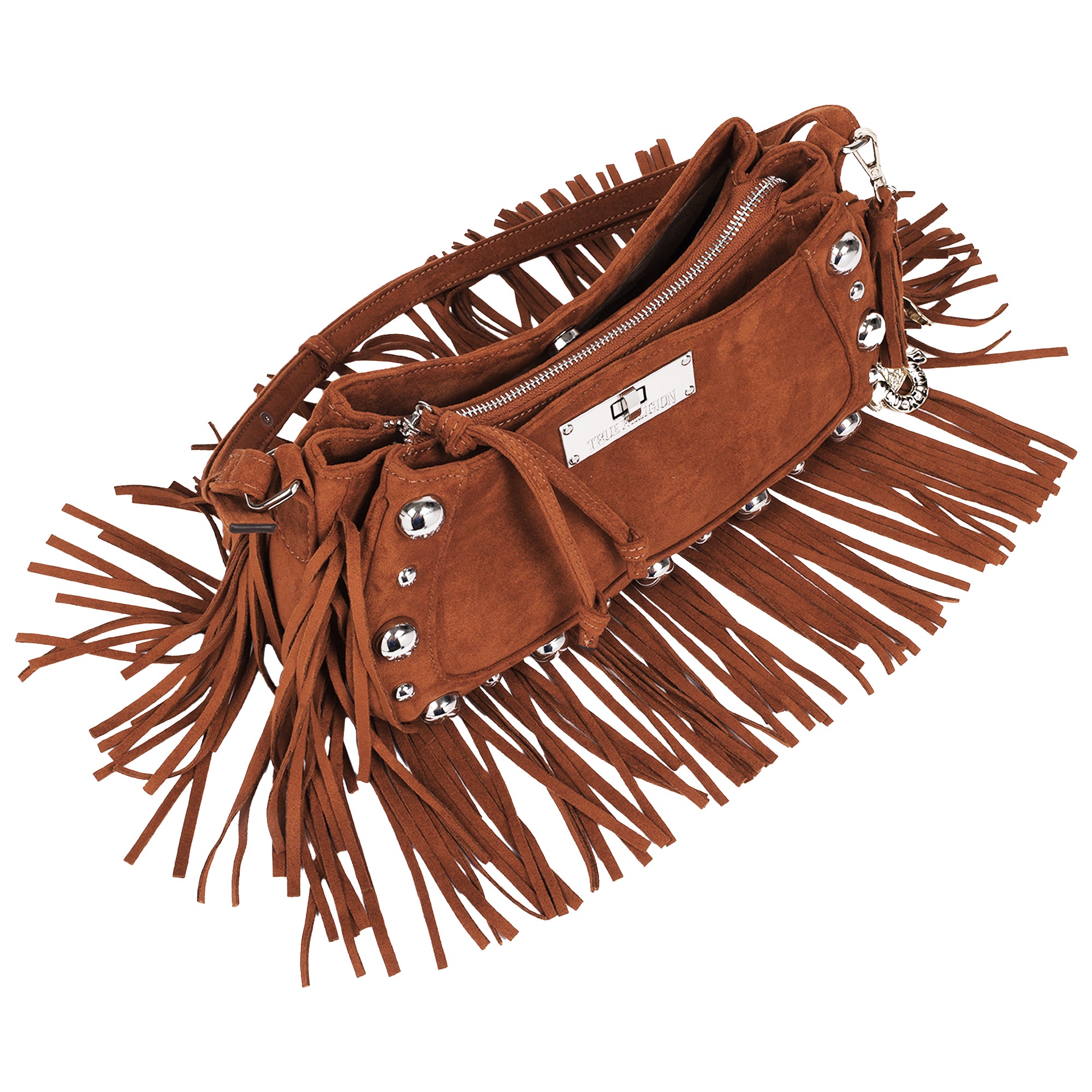True Religion Vintage Dangle Fringe Hobo Bag with Studded Trim and Charm Accents