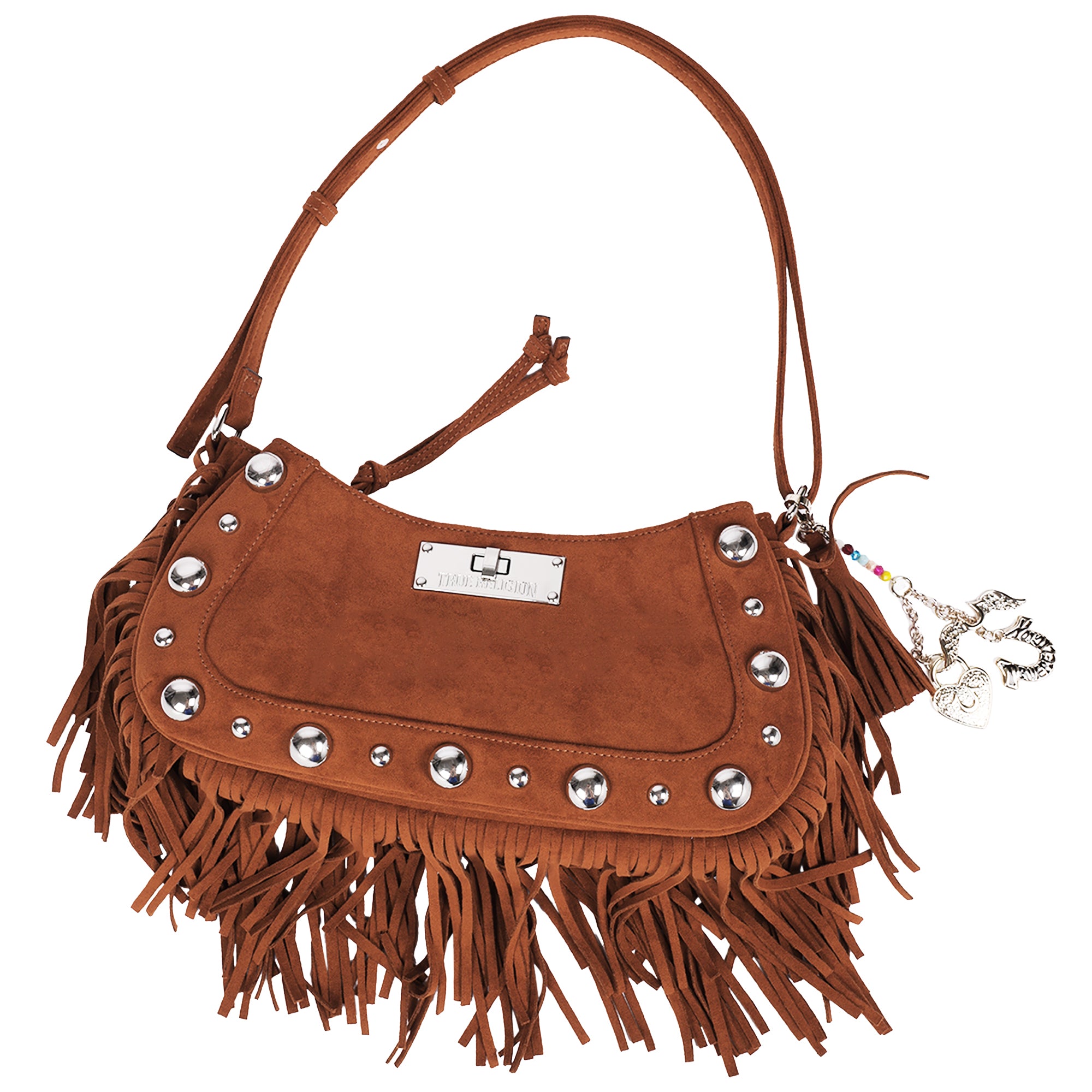 True Religion Vintage Dangle Fringe Hobo Bag with Studded Trim and Charm Accents