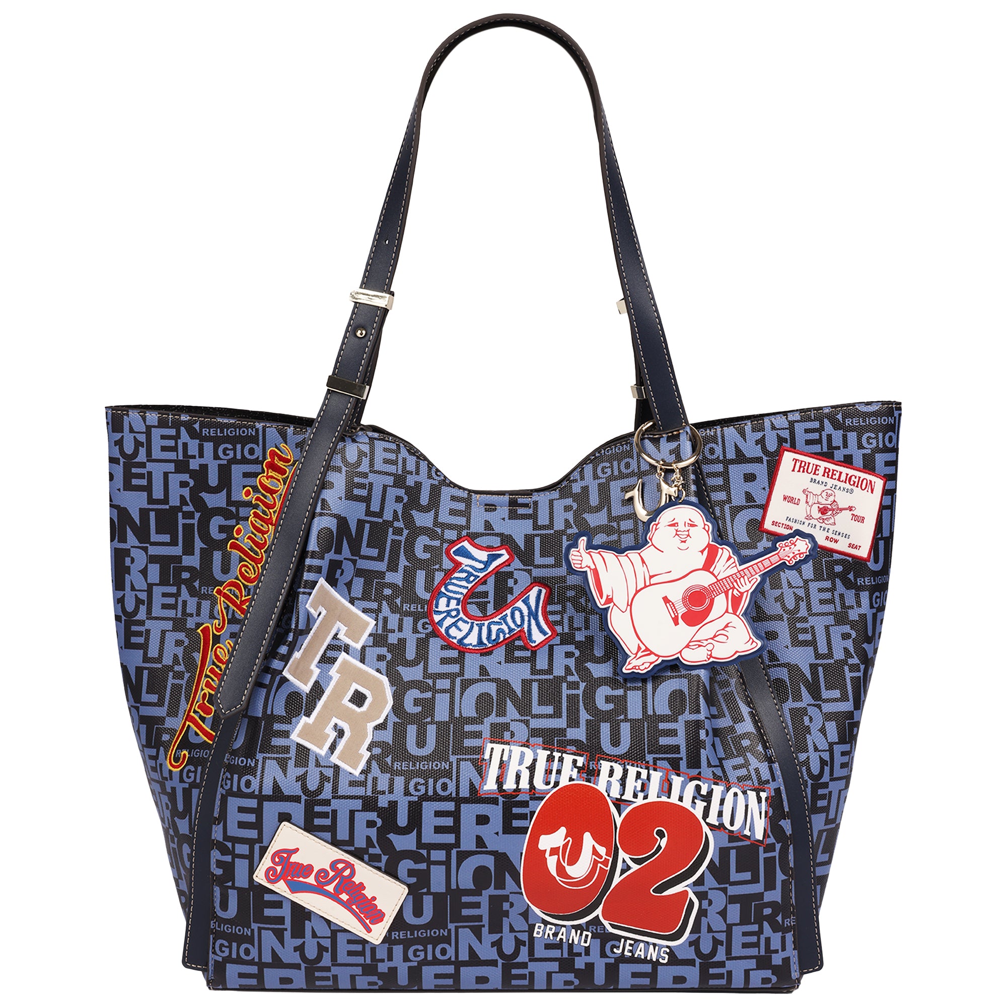True Religion Multi Patch Graphic Tote Bag with Buddha Charm and Adjustable Shoulder Straps