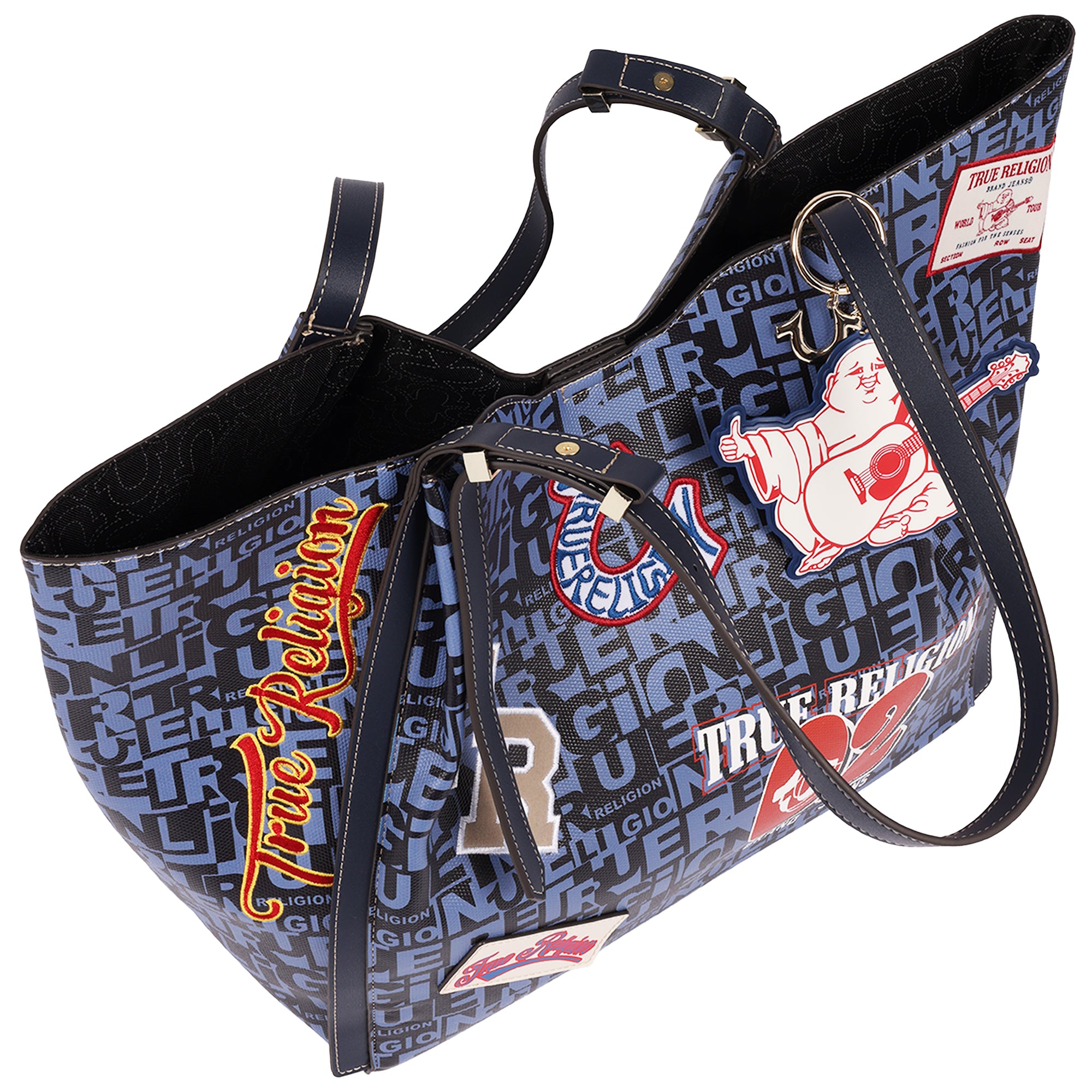 True Religion Multi Patch Graphic Tote Bag with Buddha Charm and Adjustable Shoulder Straps