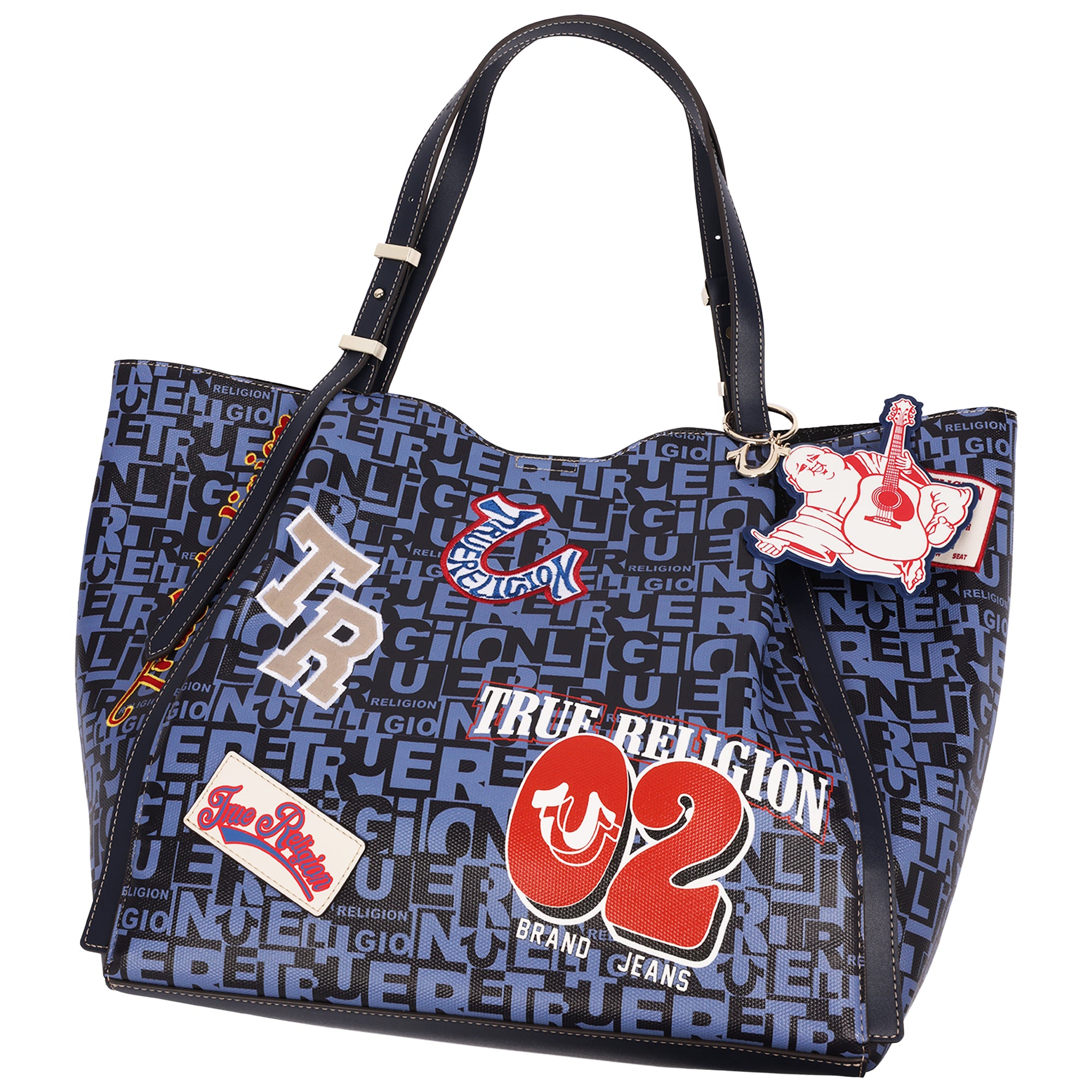 True Religion Multi Patch Graphic Tote Bag with Buddha Charm and Adjustable Shoulder Straps