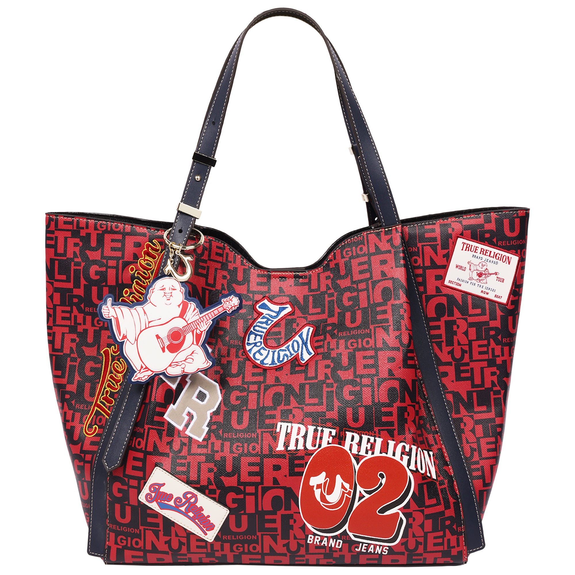 True Religion Multi Patch Graphic Tote Bag with Buddha Charm and Adjustable Shoulder Straps