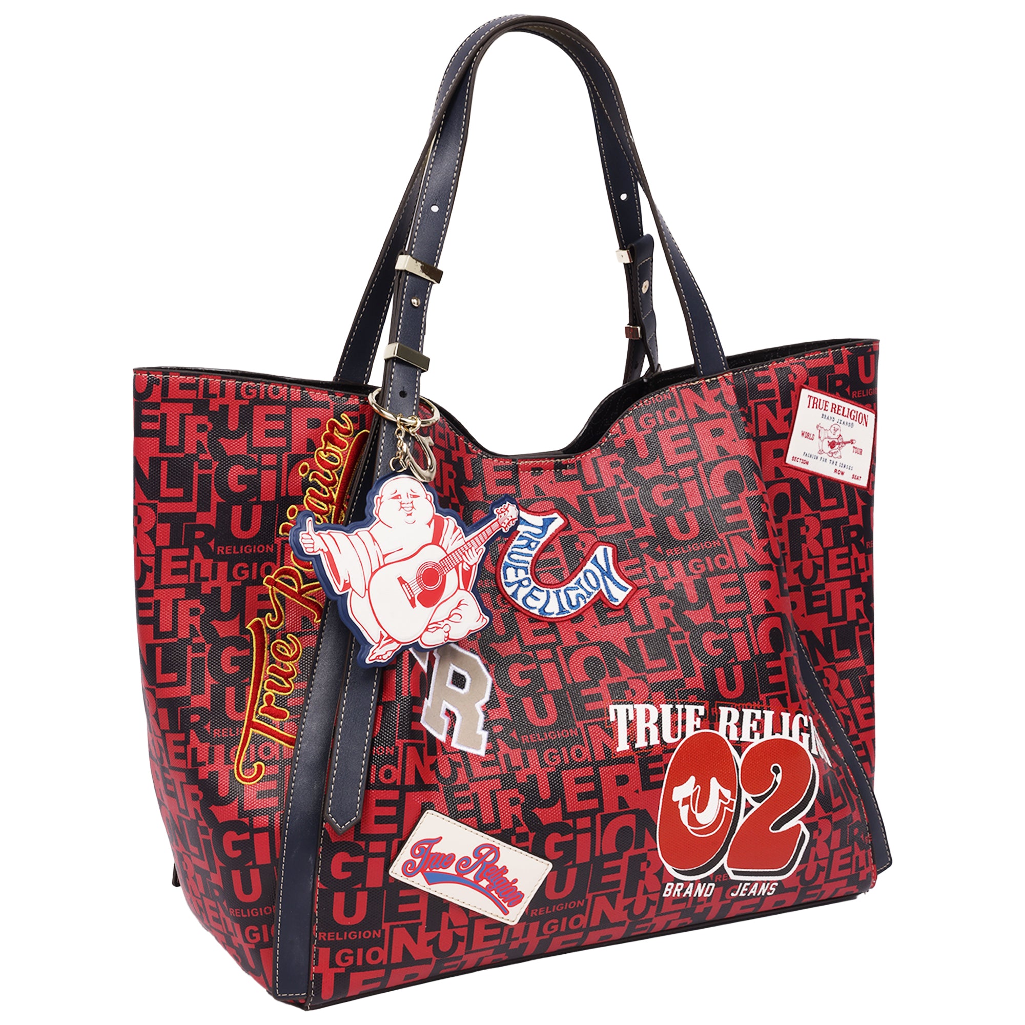 True Religion Multi Patch Graphic Tote Bag with Buddha Charm and Adjustable Shoulder Straps