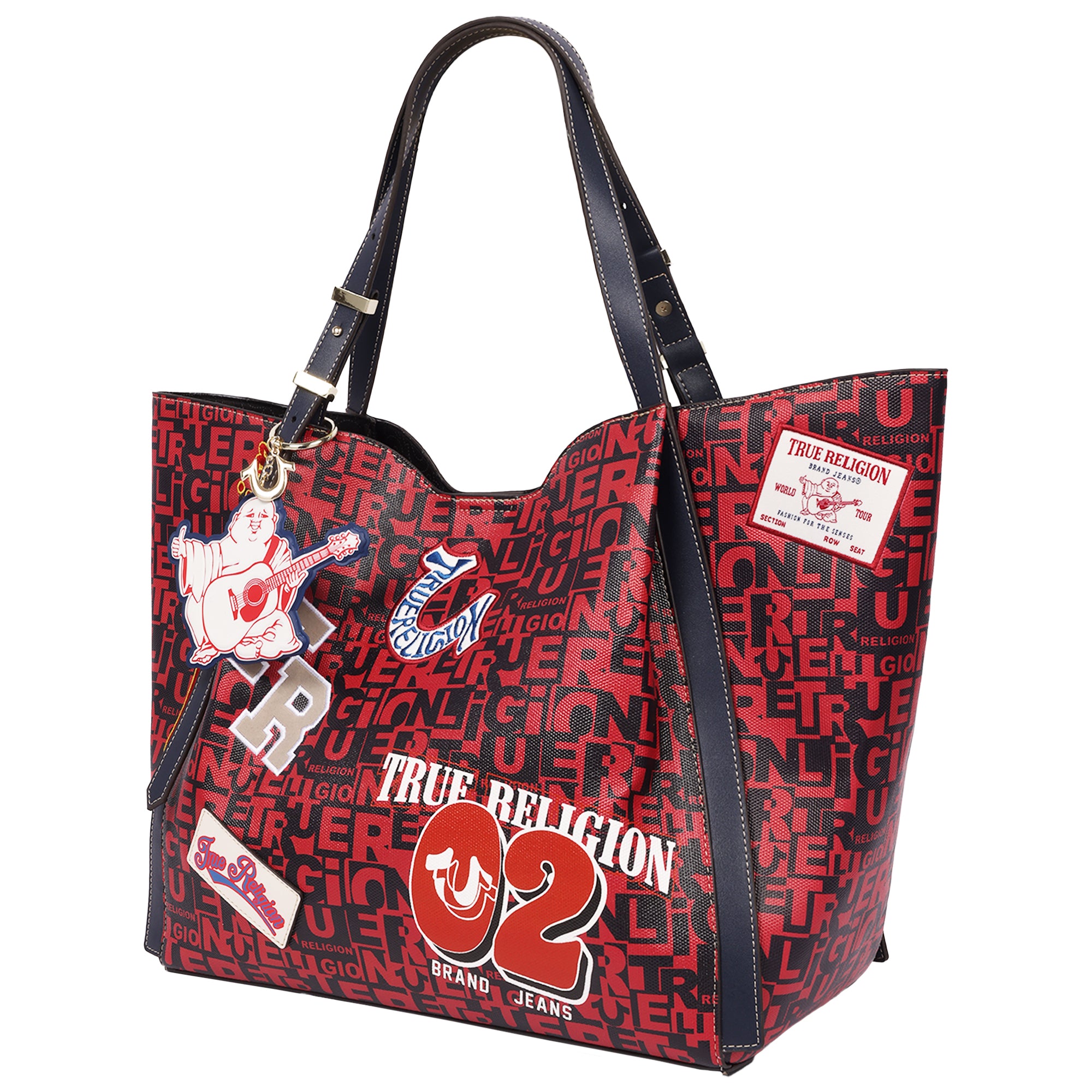 True Religion Multi Patch Graphic Tote Bag with Buddha Charm and Adjustable Shoulder Straps