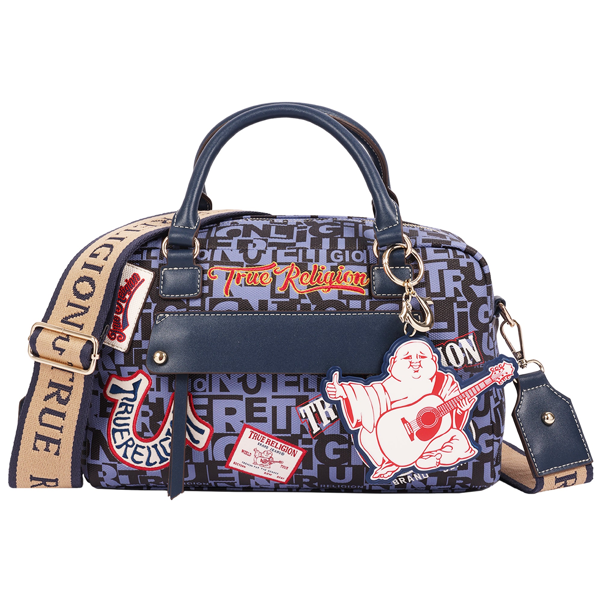 True Religion Multi Patch Graphic Satchel Bag with Detachable Guitar Buddha Charm – Convertible Crossbody Handbag