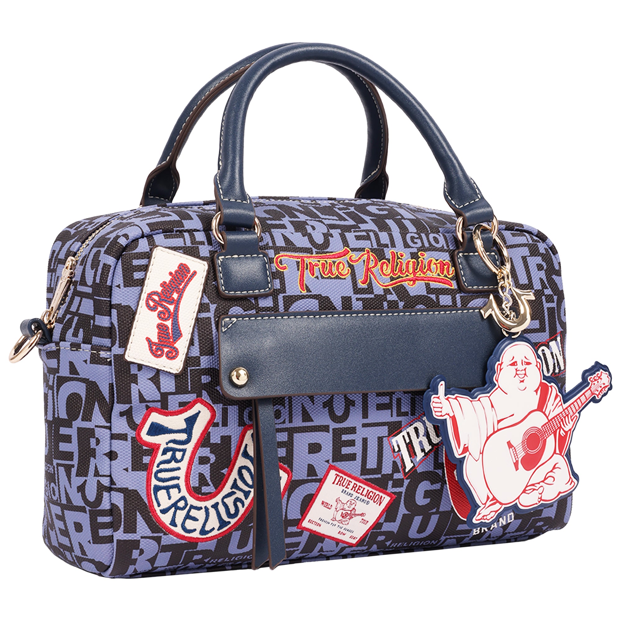 True Religion Multi Patch Graphic Satchel Bag with Detachable Guitar Buddha Charm – Convertible Crossbody Handbag