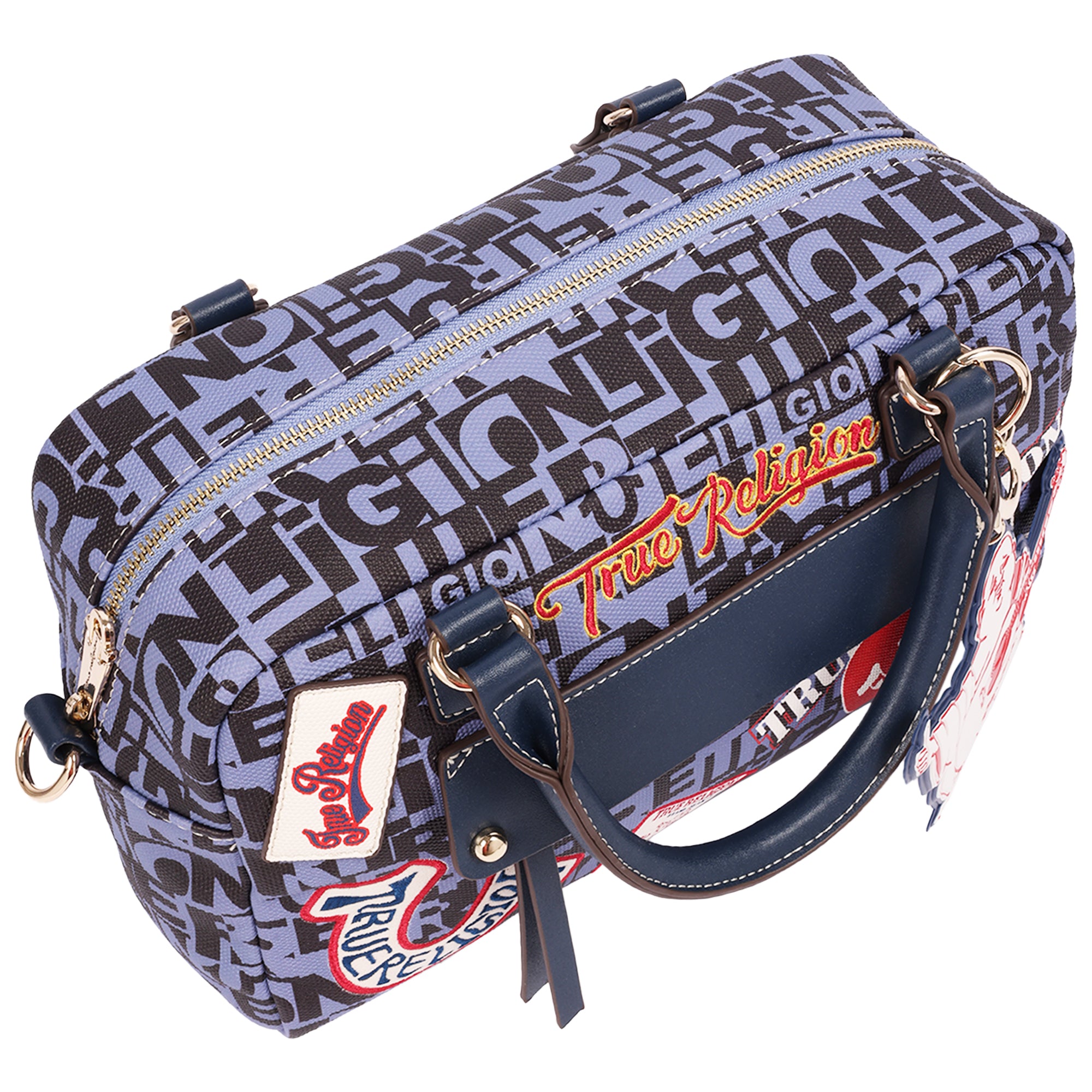 True Religion Multi Patch Graphic Satchel Bag with Detachable Guitar Buddha Charm – Convertible Crossbody Handbag