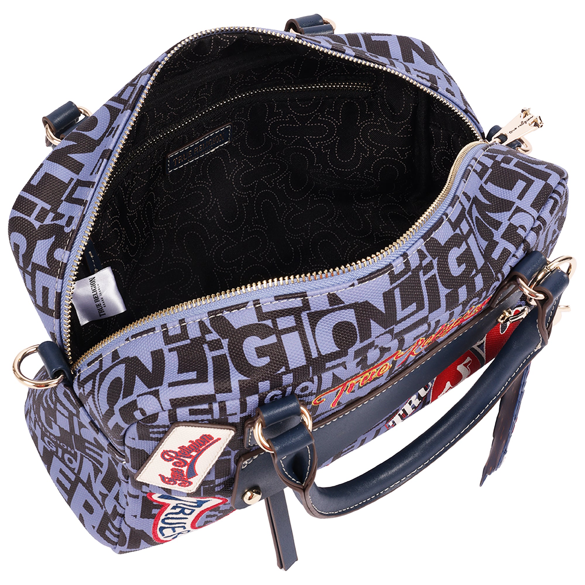 True Religion Multi Patch Graphic Satchel Bag with Detachable Guitar Buddha Charm – Convertible Crossbody Handbag