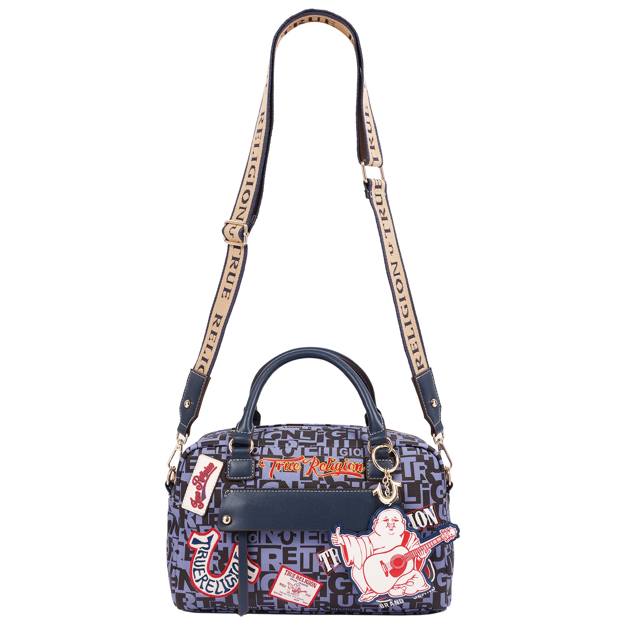 True Religion Multi Patch Graphic Satchel Bag with Detachable Guitar Buddha Charm – Convertible Crossbody Handbag