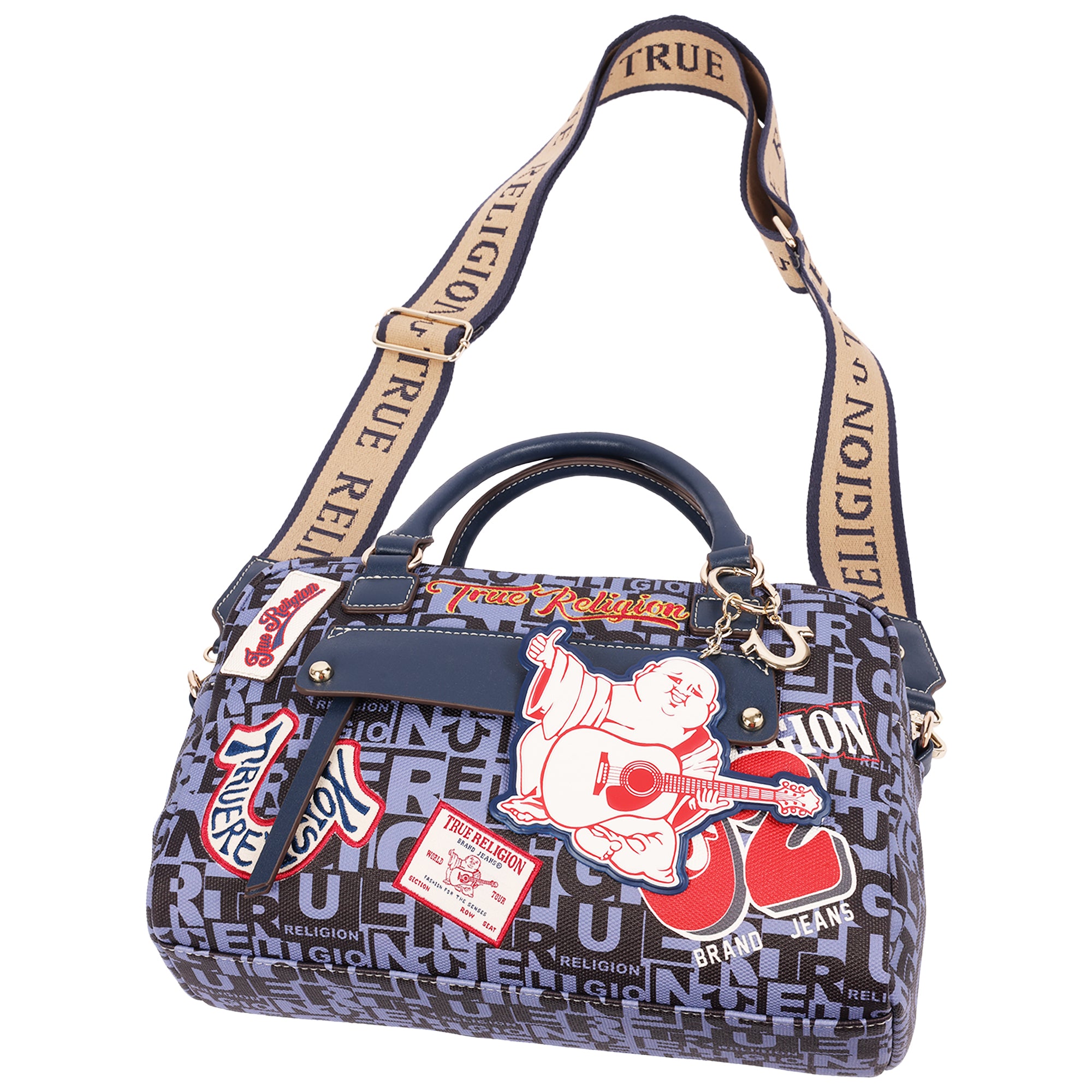 True Religion Multi Patch Graphic Satchel Bag with Detachable Guitar Buddha Charm – Convertible Crossbody Handbag