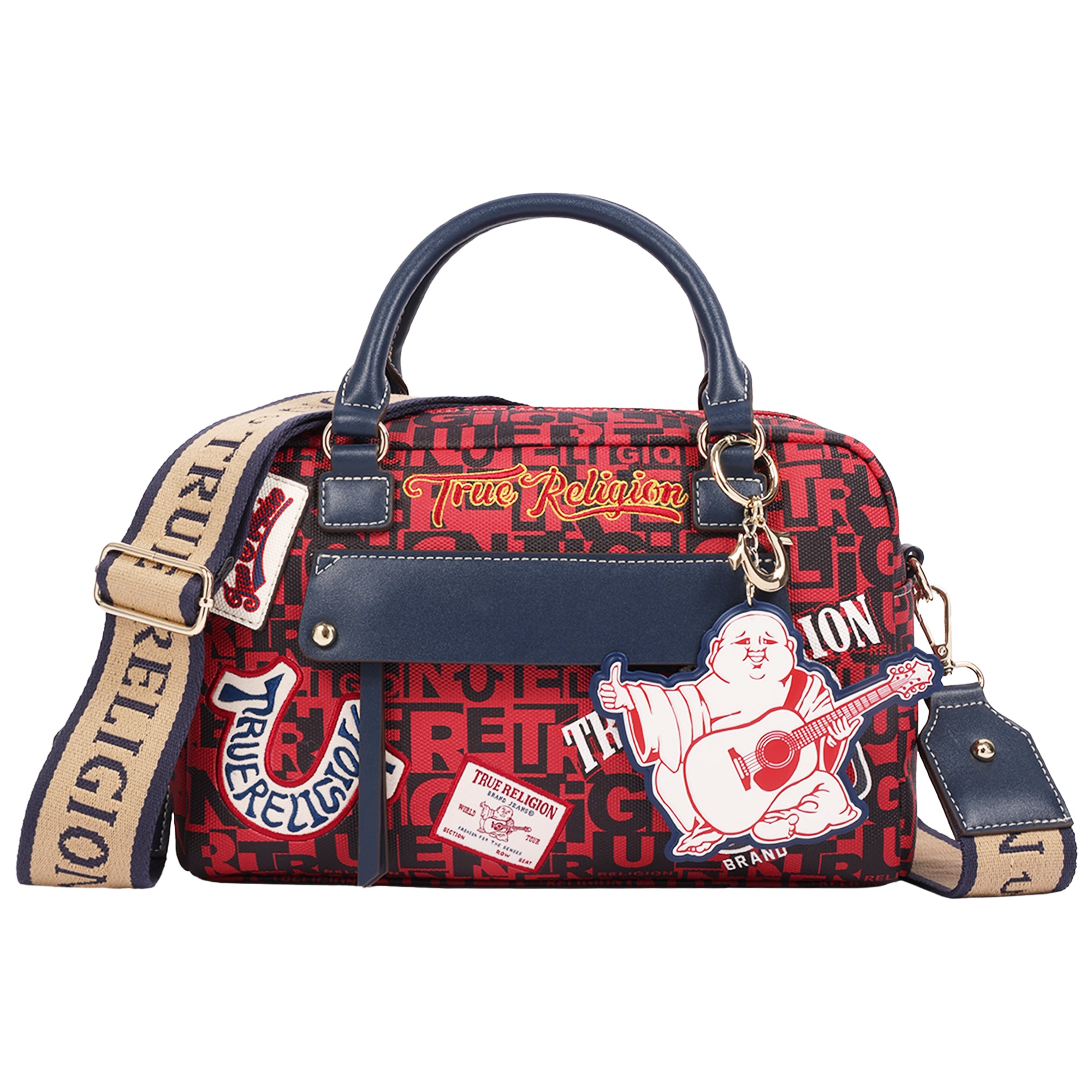 True Religion Multi Patch Graphic Satchel Bag with Detachable Guitar Buddha Charm – Convertible Crossbody Handbag