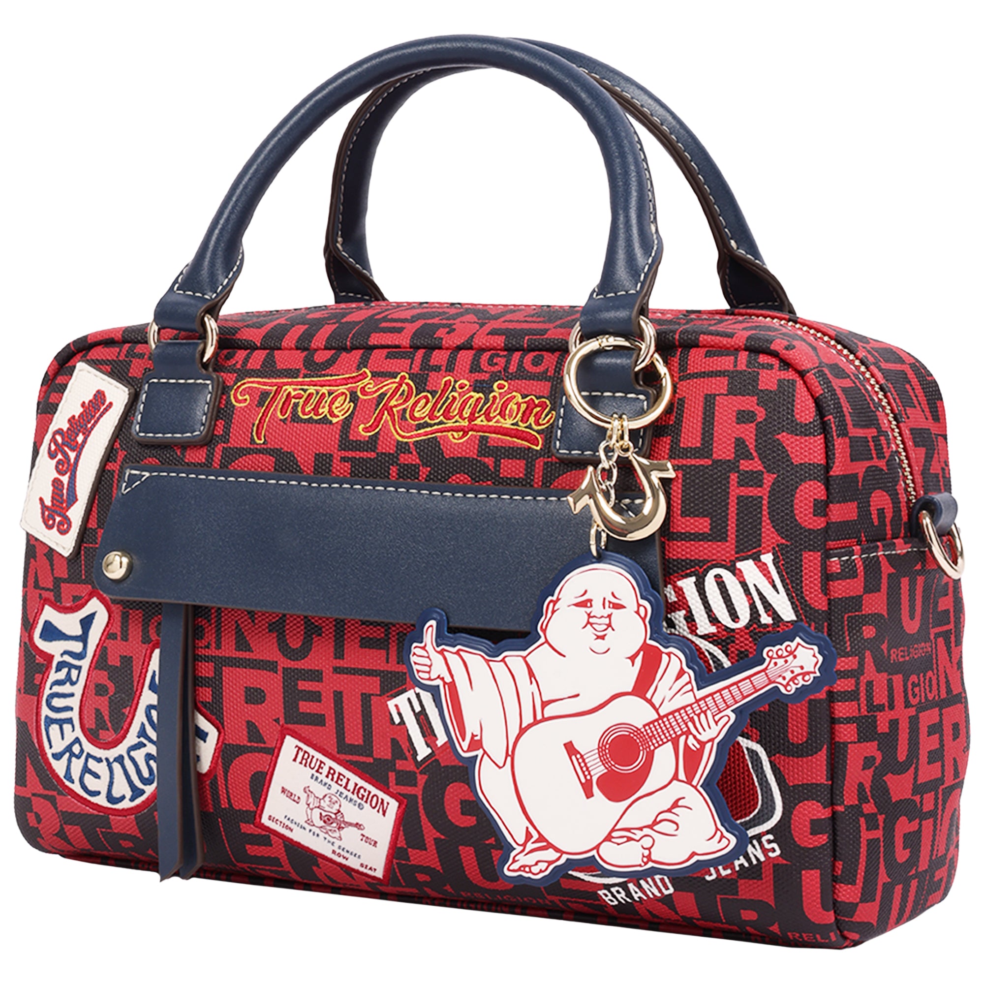 True Religion Multi Patch Graphic Satchel Bag with Detachable Guitar Buddha Charm – Convertible Crossbody Handbag