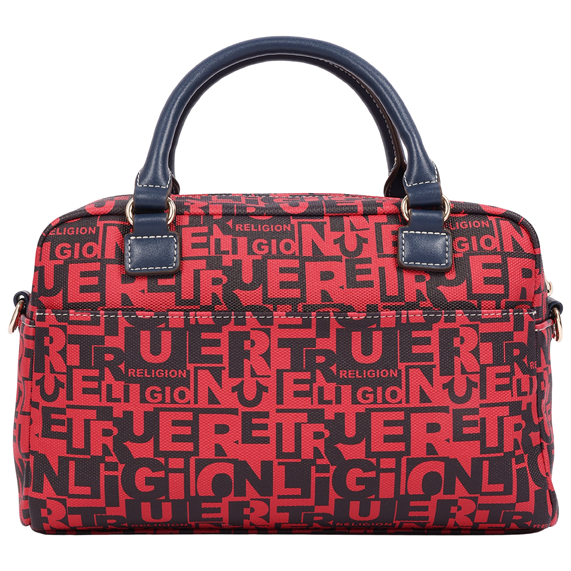 True Religion Multi Patch Graphic Satchel Bag with Detachable Guitar Buddha Charm – Convertible Crossbody Handbag