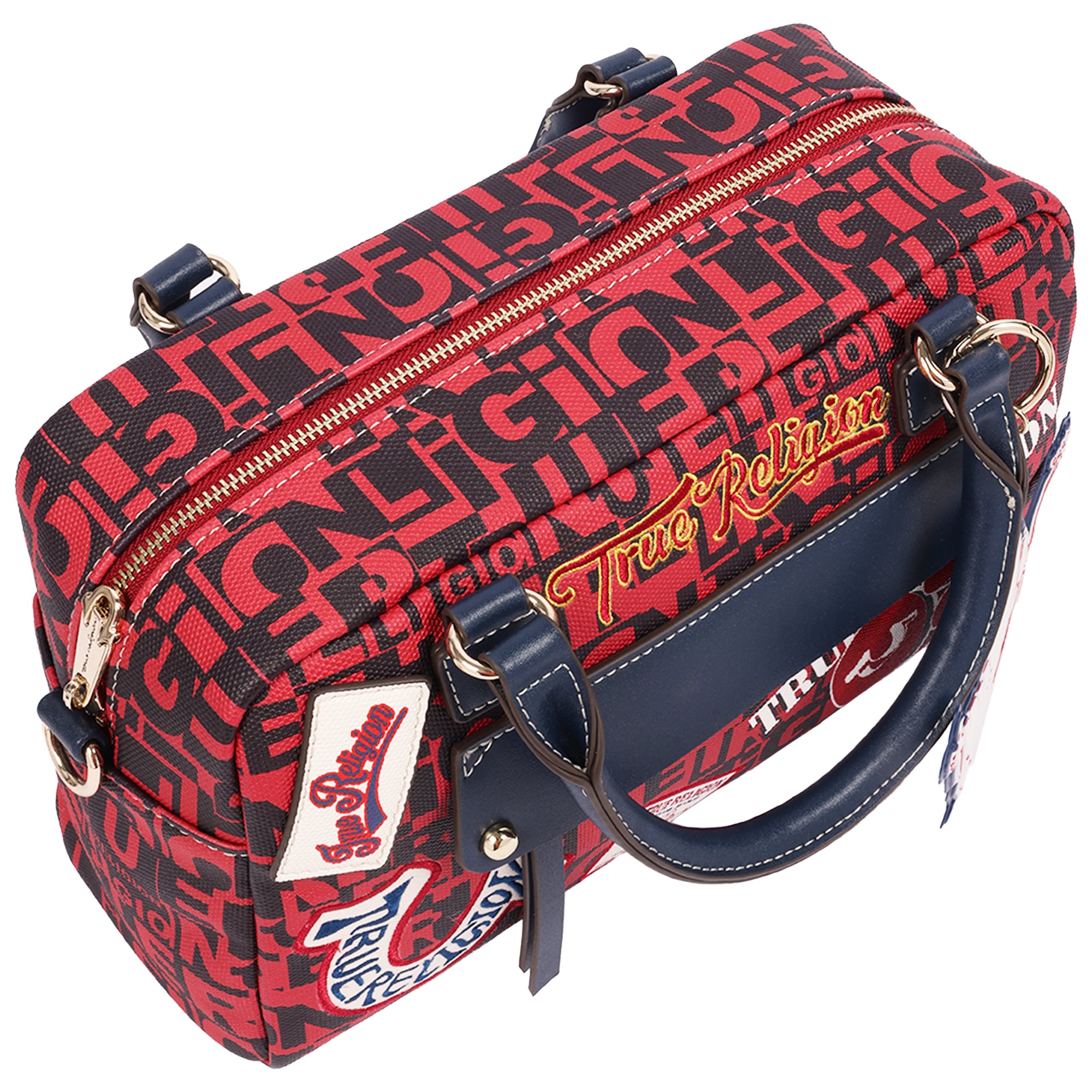 True Religion Multi Patch Graphic Satchel Bag with Detachable Guitar Buddha Charm – Convertible Crossbody Handbag