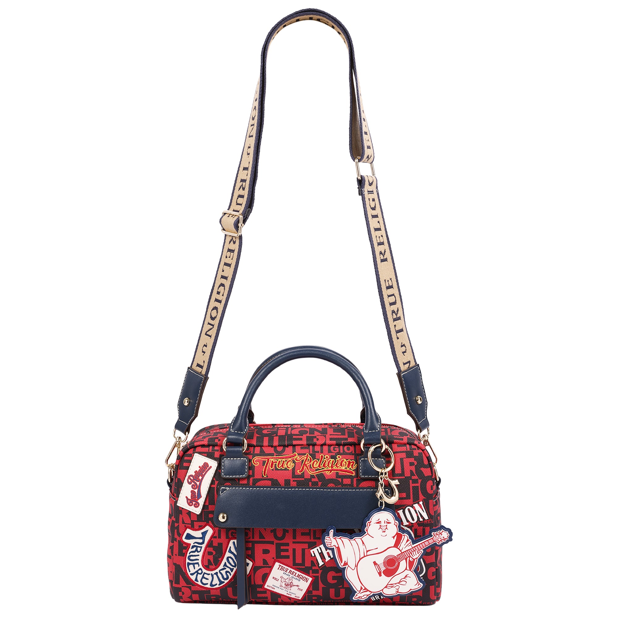 True Religion Multi Patch Graphic Satchel Bag with Detachable Guitar Buddha Charm – Convertible Crossbody Handbag