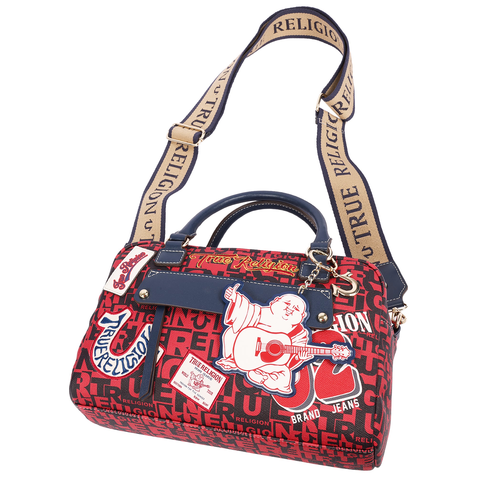 True Religion Multi Patch Graphic Satchel Bag with Detachable Guitar Buddha Charm – Convertible Crossbody Handbag